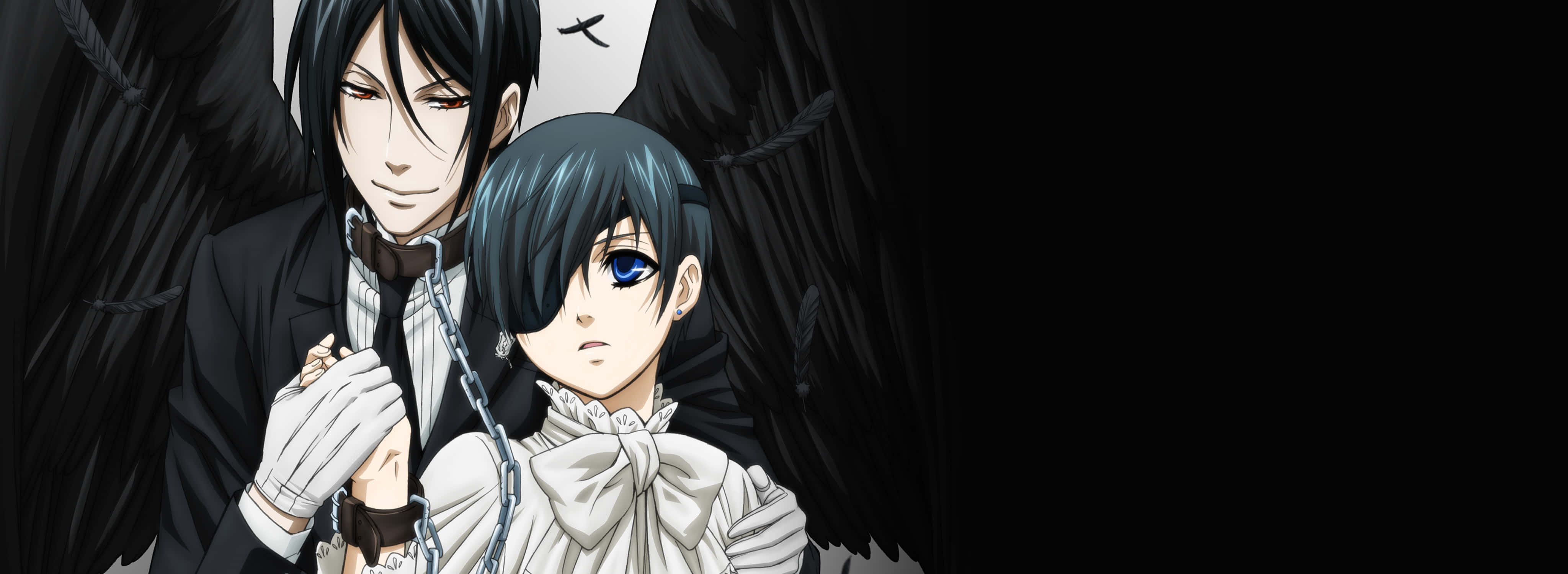 Ciel Phantomhive 桌布 壁紙 — 兩個擁有黑色翅膀和鎖鏈的動漫角色在黑暗背景下擺出戲劇性的姿勢。