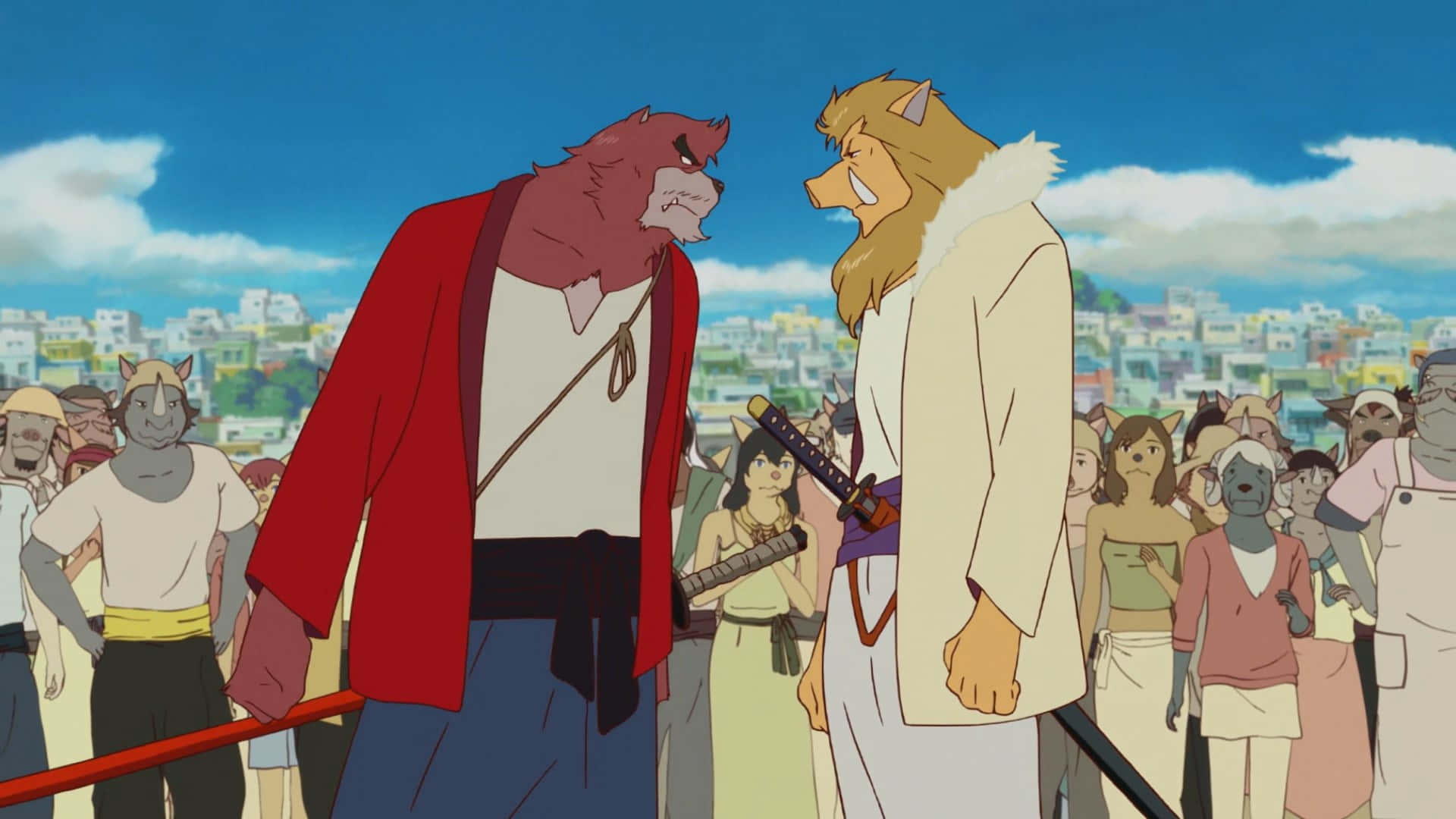 The Boy And The Beast 桌布 壁紙 — 兩個擬人化動物戰士在明亮的藍天下，在人群面前進行緊張的對峙。