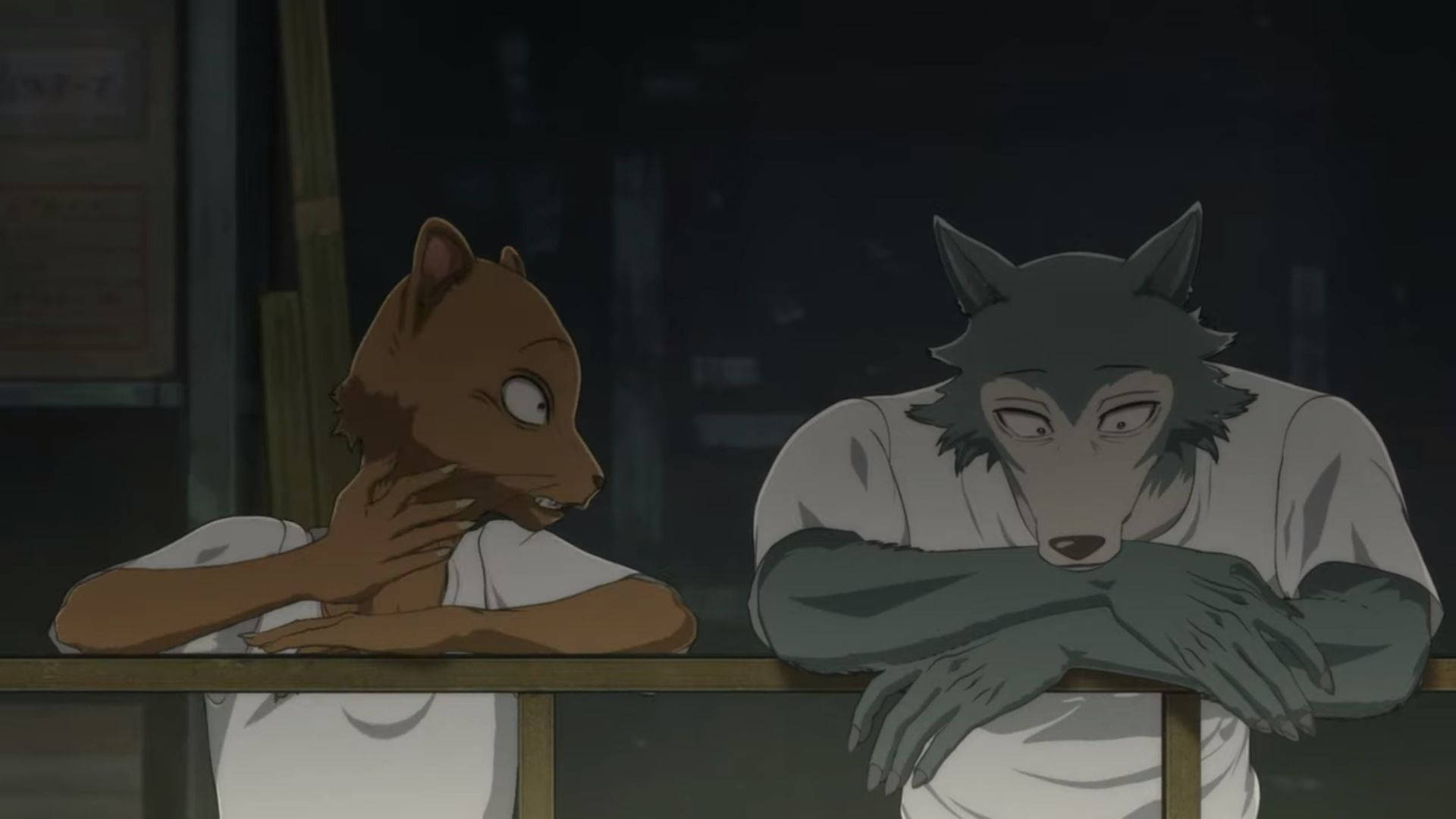 獸星 桌布 壁紙 — 兩個擬人化動物角色坐在燈光昏暗的酒吧櫃檯前，一個像貓，一個像狼，兩者都顯得疲倦且沉思。