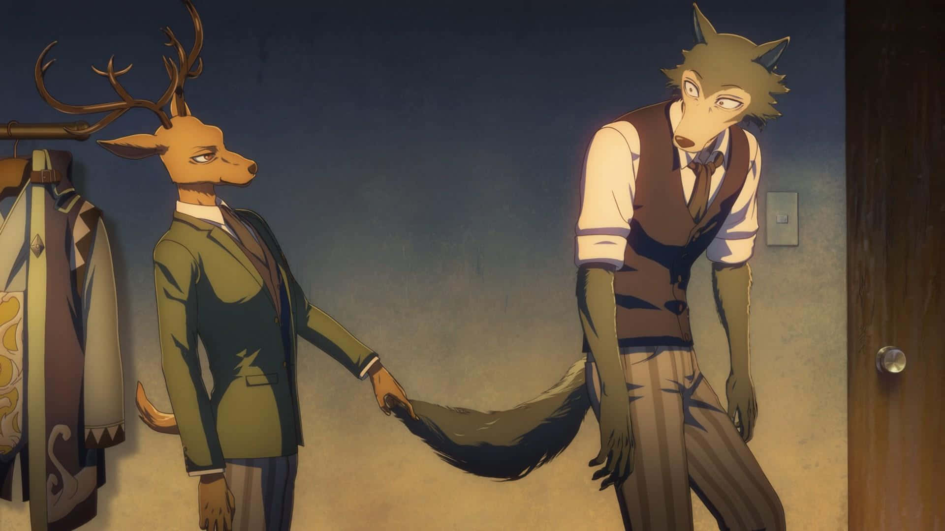 獸星 桌布 壁紙 — 兩個擬人化動物角色穿著西裝站在室內，其中一個在光線昏暗的房間裡抓住另一個的尾巴。