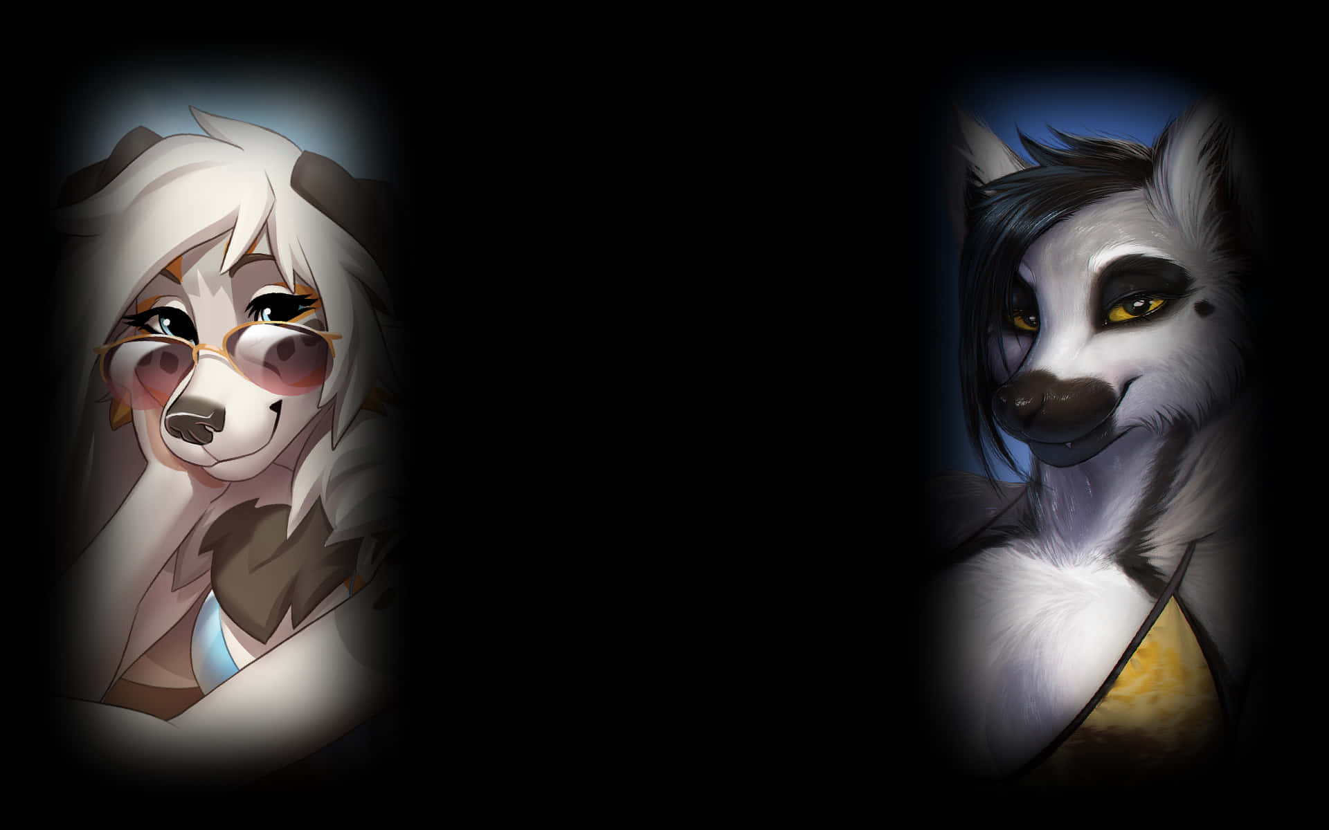 獸人 桌布 壁紙 — 兩個擬人化狼角色，擁有發光的眼睛和眼鏡，在黑暗背景中被照亮。