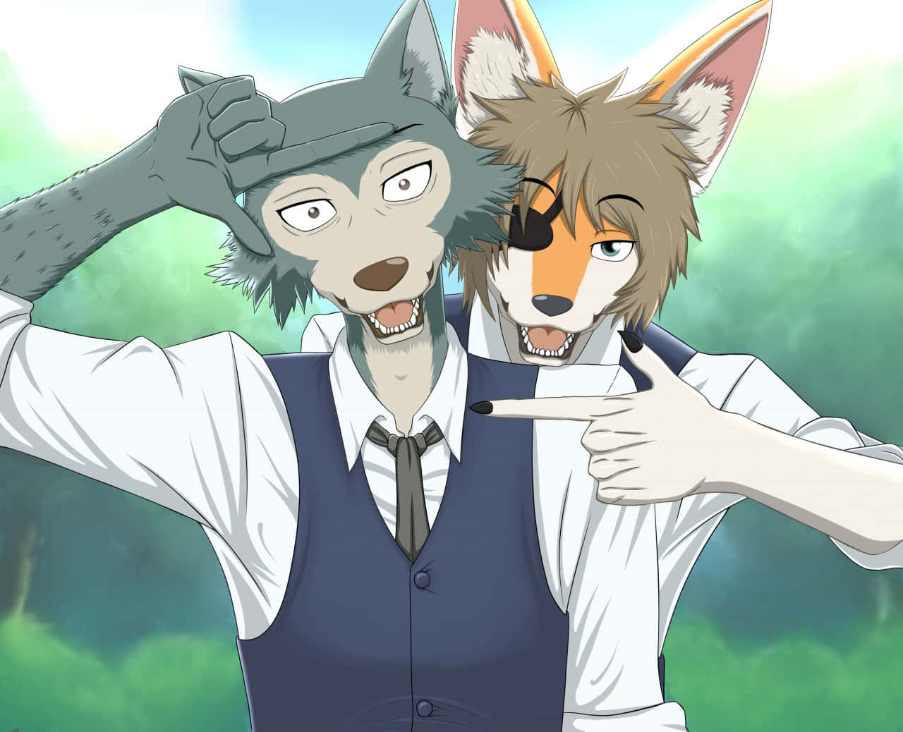 獸星 桌布 壁紙 — 兩個擬人化狼角色穿著校服，在柔和的綠色背景前頑皮地擺姿勢。