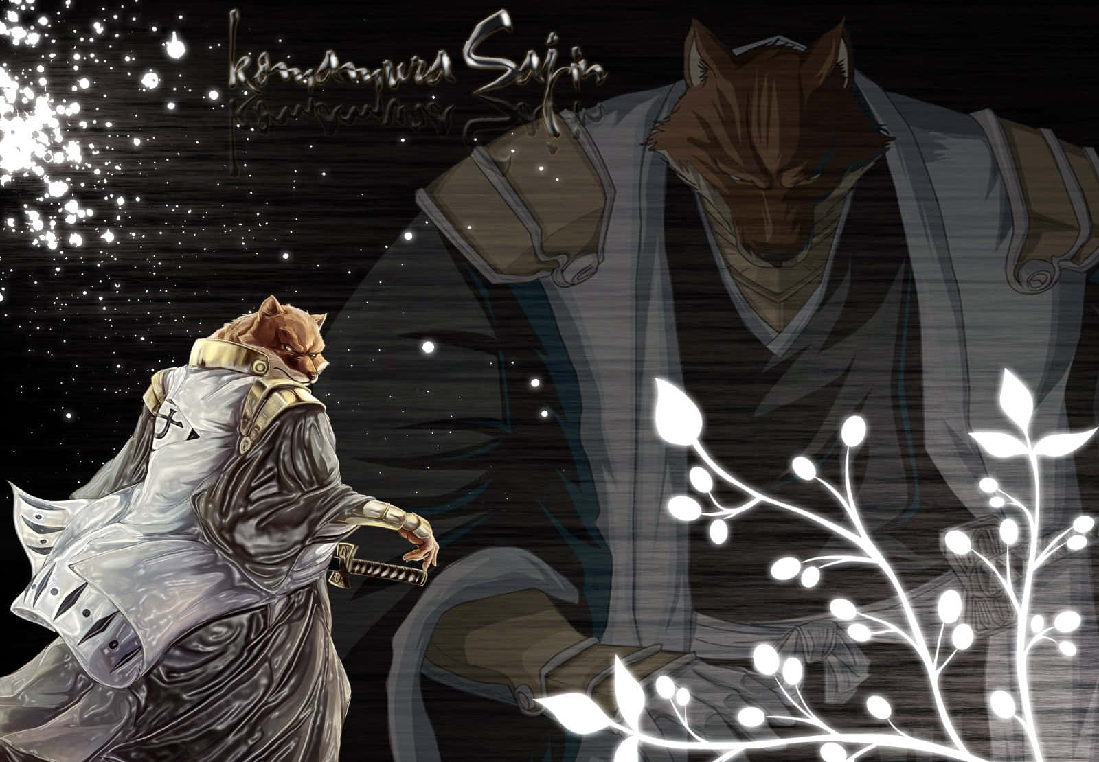 Sajin Komamura 桌布 壁紙 — 兩個擬人化的狐狸戰士穿著精細盔甲，在星光燦爛的夜空下，伴隨著發光的白色花枝。