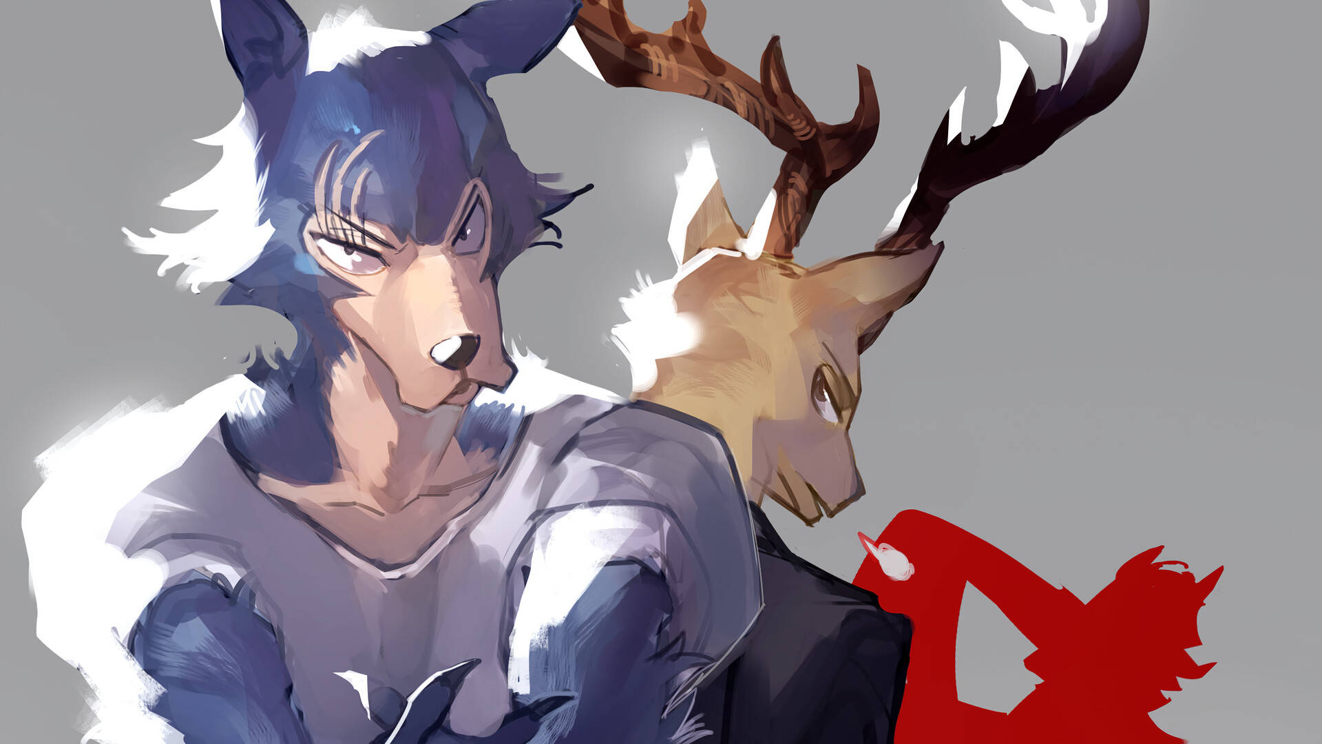 獸星 桌布 壁紙 — 兩個擬人化角色，一個像狼，一個像鹿，並排站在純灰色背景前，下方有一個紅色剪影。