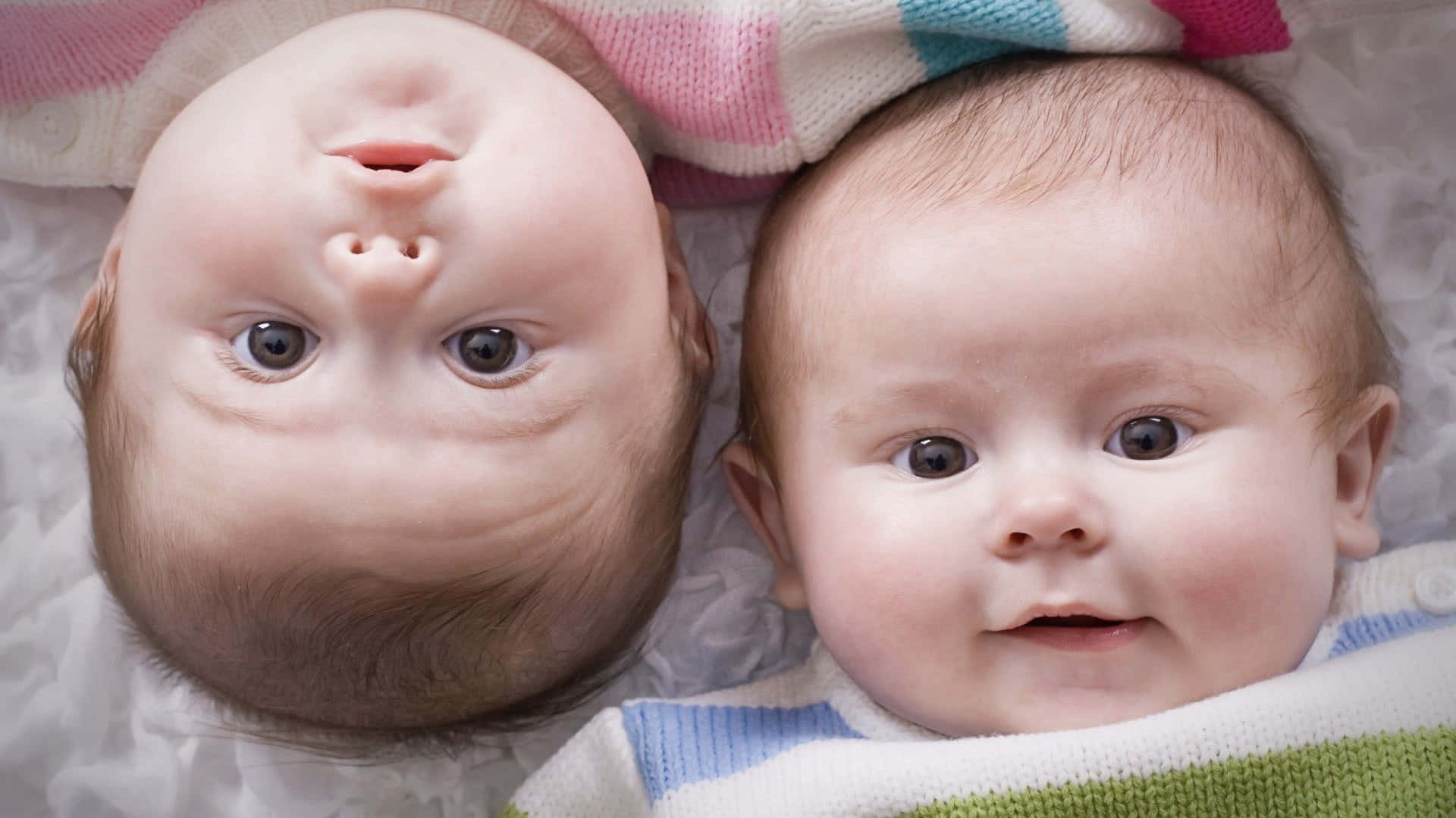 Cute Babies 桌布 壁紙 — 兩個新生嬰兒並排躺在柔軟的毛毯上，一個張開嘴，另一個對著鏡頭微笑。