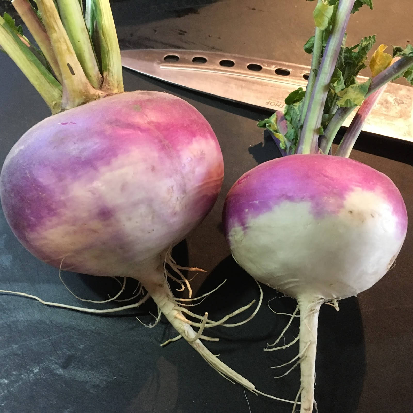 Healthy Food 桌布 壁紙 — 兩個新鮮的紫白色蘿蔔，帶有綠色莖，放在深色表面上，旁邊有一把廚房刀。
