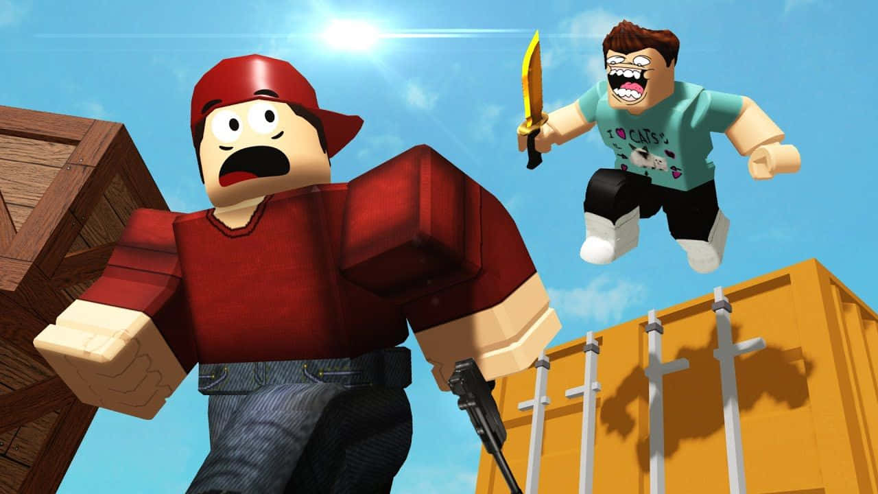 character design 桌布 壁紙 — 兩個方塊狀的 Roblox 角色在明亮的藍天下緊張對峙，一個揮舞著刀，另一個拿著槍。