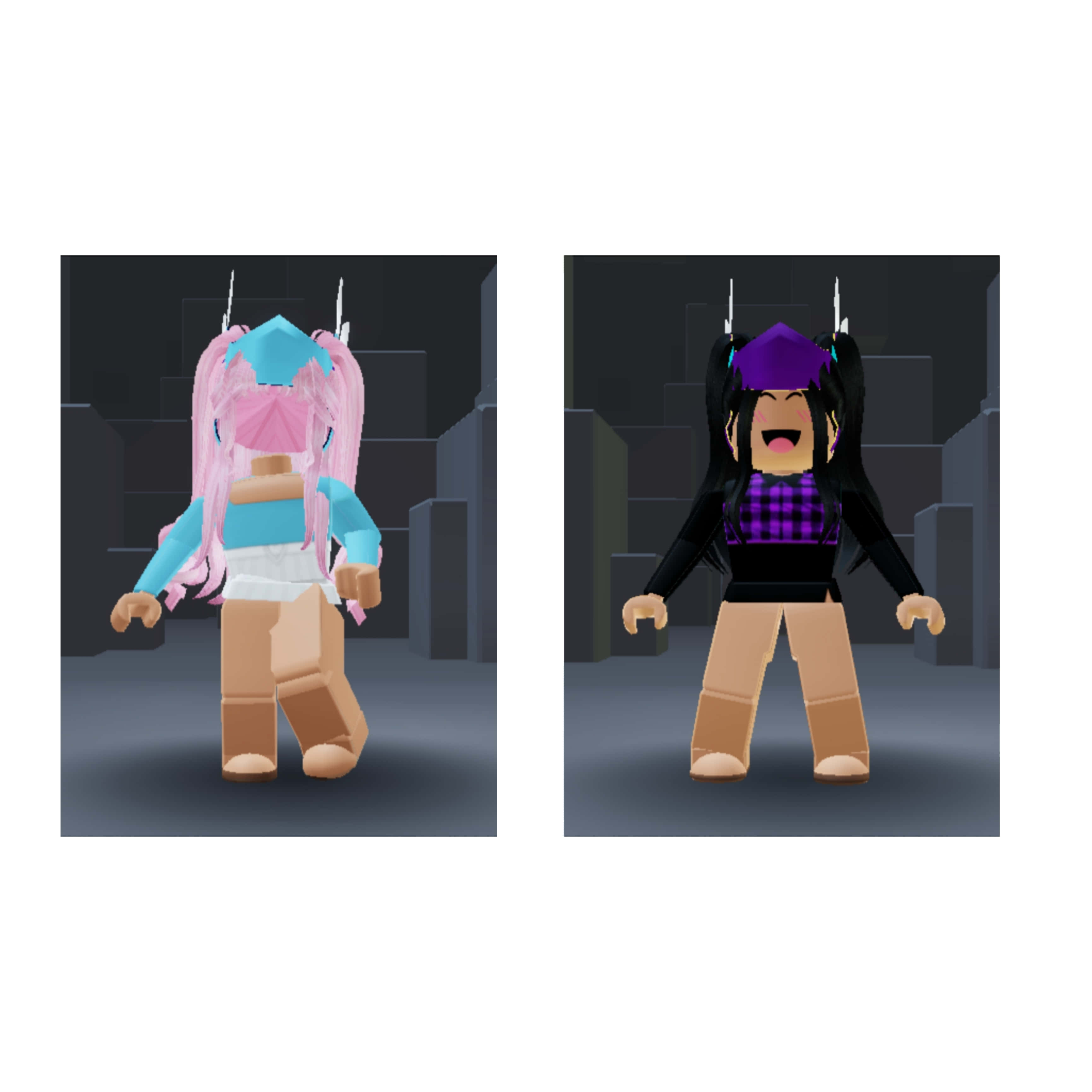 Roblox 桌布 壁紙 — 兩個方塊狀的 Roblox 頭像，一個有粉紅色頭髮和藍色頭飾，另一個有黑色頭髮和紫色頭飾，兩者都在黑暗的城市環境中。