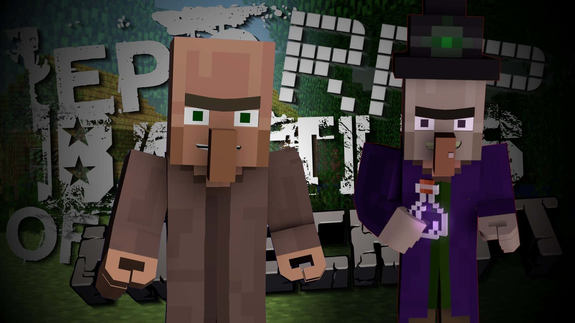 Minecraft Witch 桌布 壁紙 — 兩個方塊狀的Minecraft角色在昏暗光線下站在一個像素化標誌前，身處草地生態域。