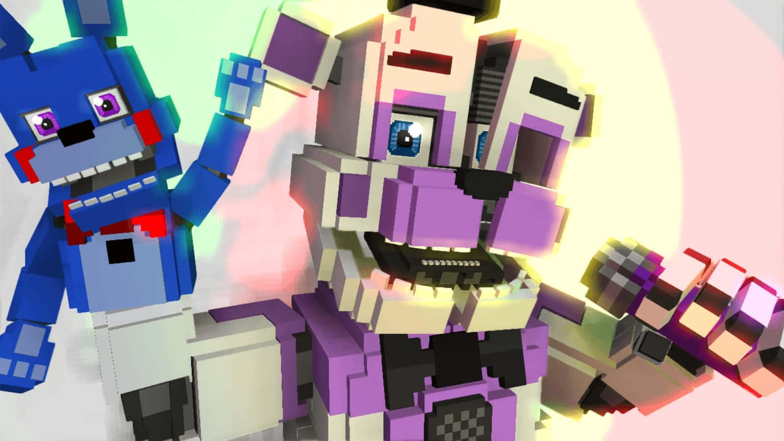 Funtime Freddy 桌布 壁紙 — 兩個方塊狀的電子動畫角色，像素藝術風格，一個藍色一個紫色，有發光的眼睛和鋒利的牙齒。