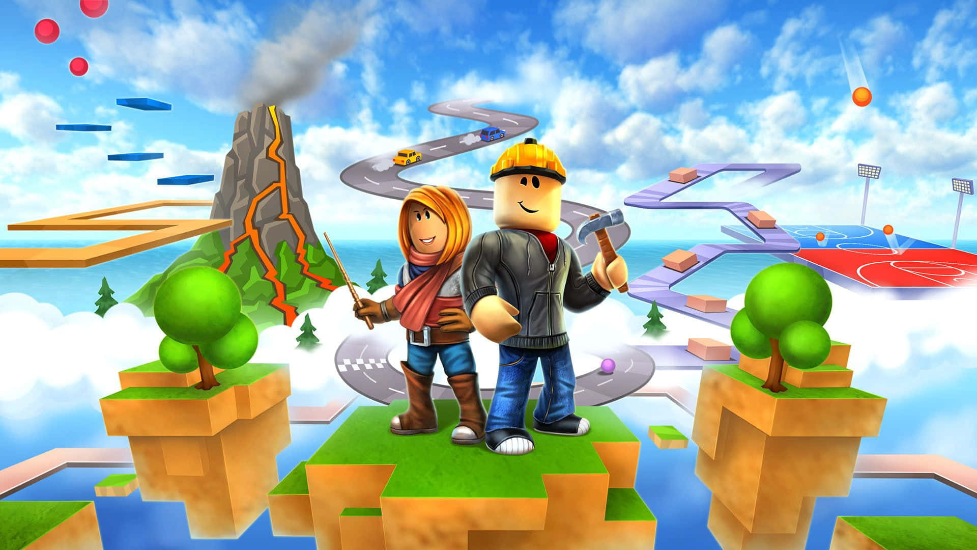 Roblox Character 桌布 壁紙 — 兩個方塊頭像站在浮島上，在一個充滿活力的Roblox風格遊戲世界中，有火山和運動場。