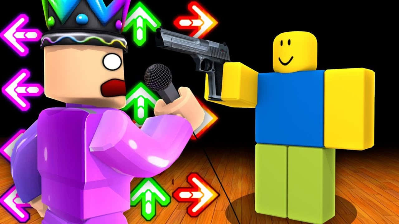 Roblox Noob 桌布 壁紙 — 兩個方塊風格的 Roblox 角色，一個紫色拿著麥克風和槍，另一個藍黃色微笑，周圍有發光箭頭，在木地板上。