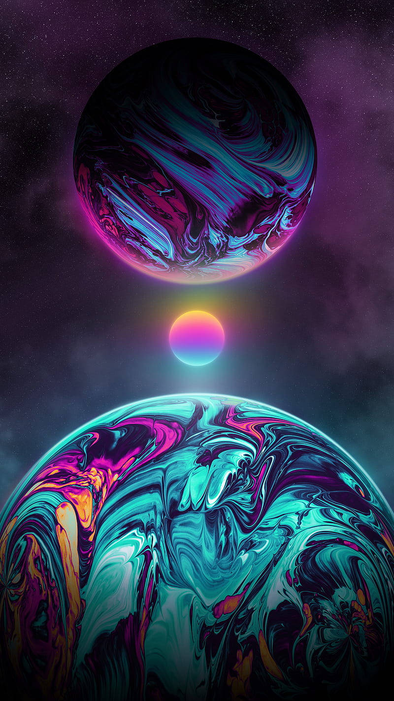 霓虹月亮 桌布 壁紙 — 兩個旋轉的宇宙球體，帶有霓虹青色和洋紅色漩渦，漂浮在一個繁星點點的紫色虛空中，它們之間有一個發光的球體。