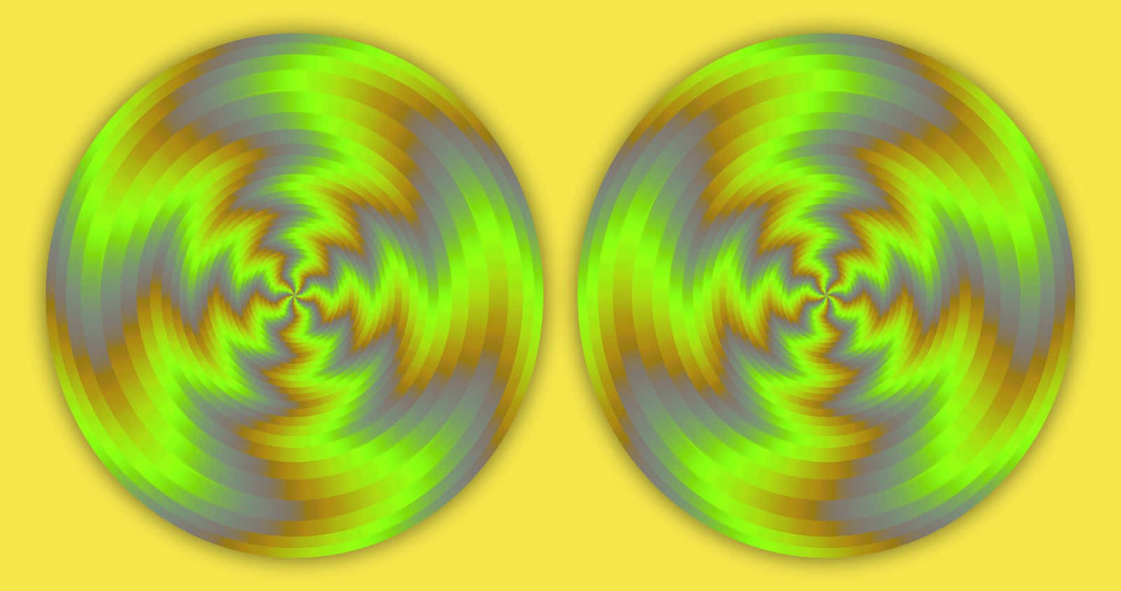 Circle 桌布 壁紙 — 兩個旋轉的迷幻球體，帶有霓虹綠、黃色和灰色漸變，漂浮在純黃色背景上。