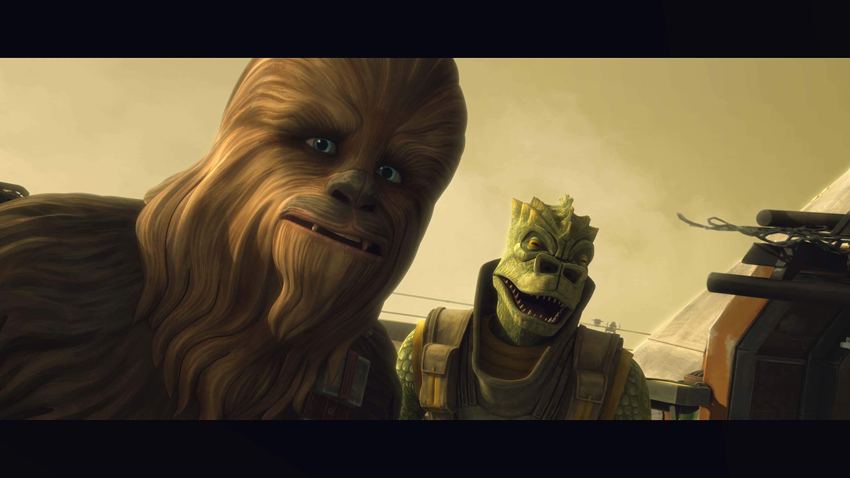 Wookiee 桌布 壁紙 — 兩個星戰角色，一個毛茸茸的烏奇族和一個綠色爬蟲類外星人，在塵土飛揚的沙漠場景中緊密站在一起。