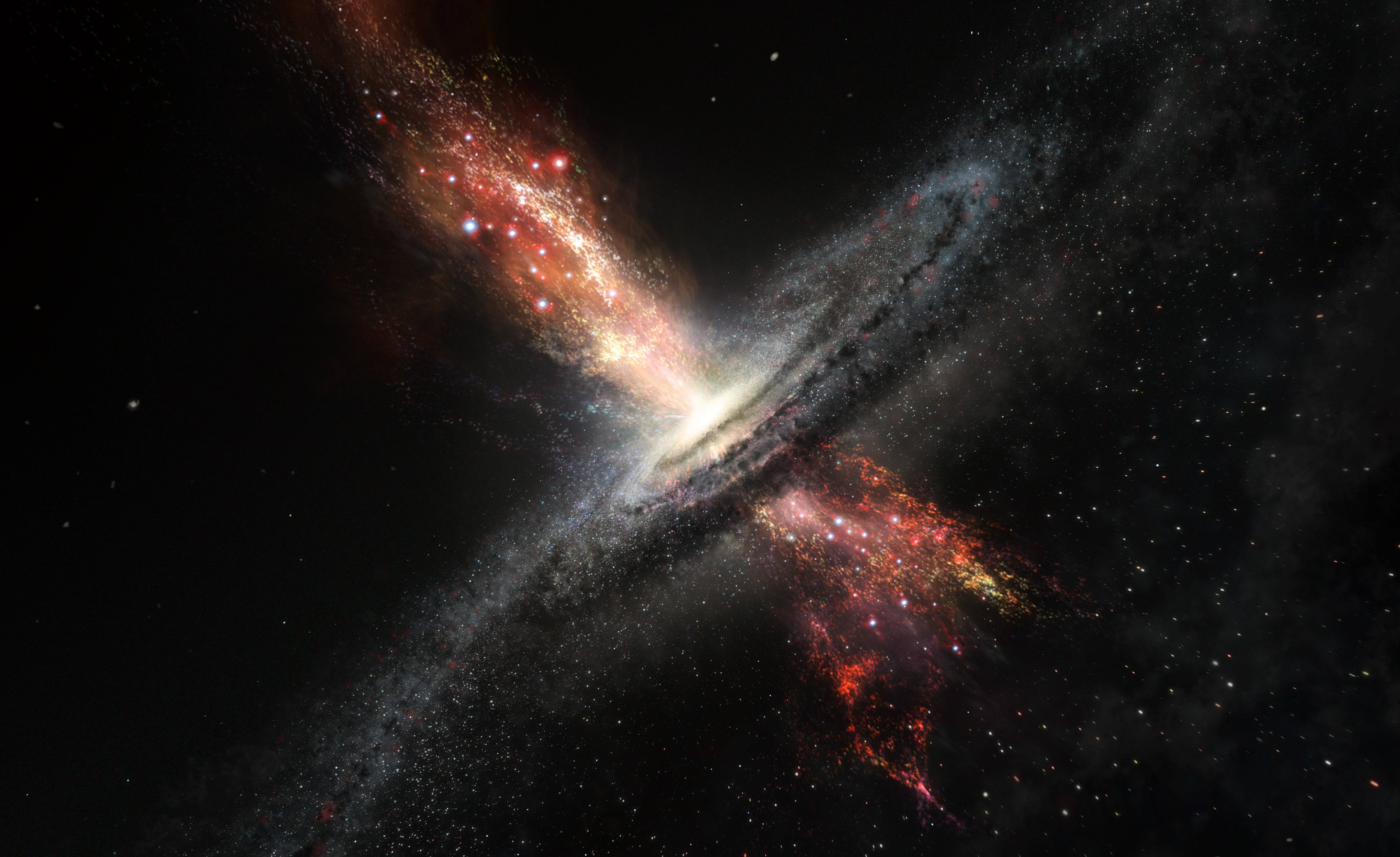 兩個星系在紅色和白色光的宇宙舞蹈中碰撞。 — 外太空 GIF 壁紙