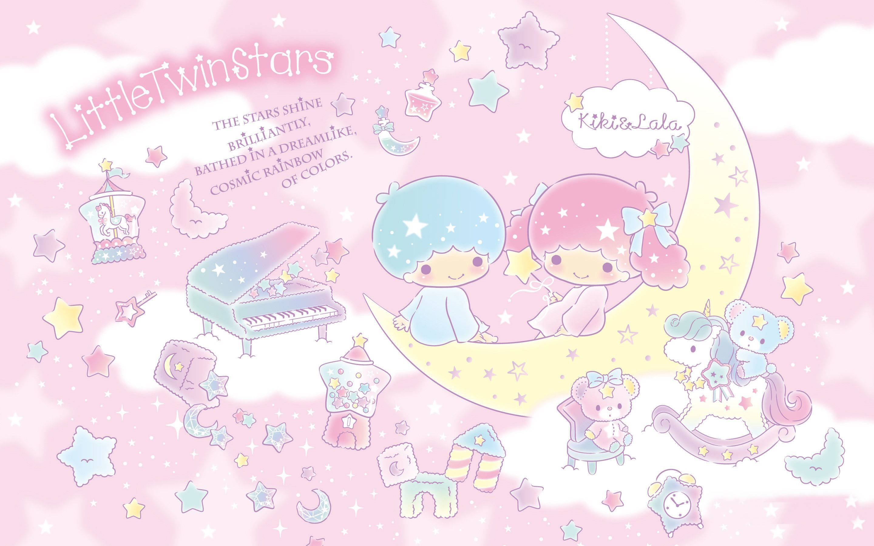 Kawaii Laptop 桌布 壁紙 — 兩個星髮雙胞胎女孩坐在新月上，周圍環繞著粉彩星星和夢幻玩具，在夢幻的粉紅色天空中。