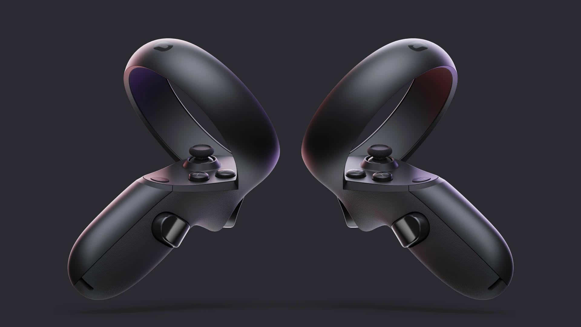 Oculus Quest 2 桌布 壁紙 — 兩個時尚的黑色VR控制器在帶有微妙紫色和紅色燈光點綴的深色漸變背景上懸浮。
