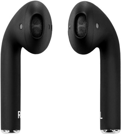 AirPods 桌布 壁紙 — 兩個時尚的黑色無線耳機並排顯示在純黑色背景上，帶有可見的揚聲器格柵和標籤。
