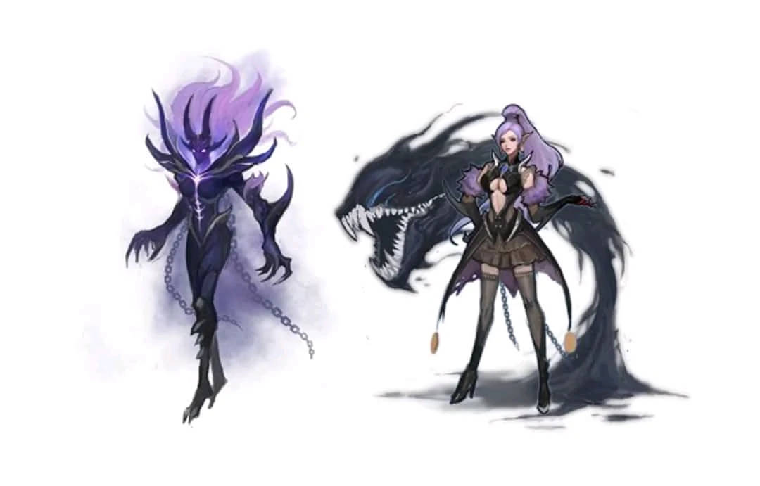 Mobile Legends 動態圖 桌布 壁紙 — 兩個暗黑奇幻動漫角色，紫色頭髮，帶著鎖鏈，一個有惡魔角，另一個有狼般的氣場。