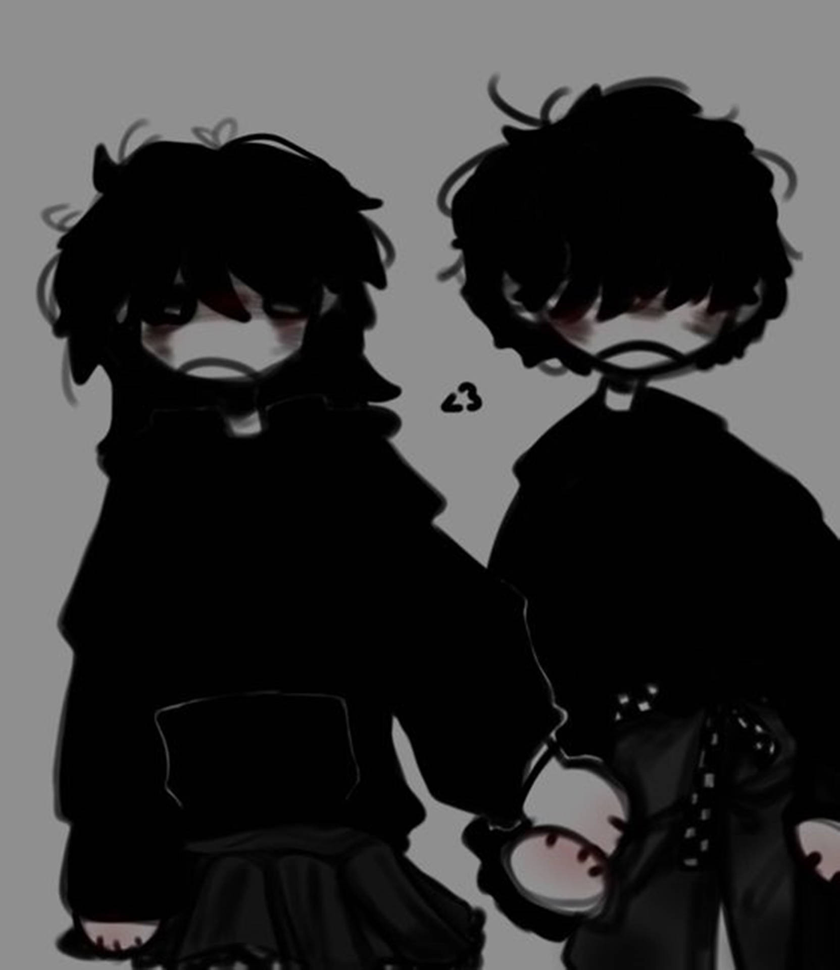 兩個動漫角色以剪影形式在灰色背景上牽手，帶有紅色點綴。 — Emo 美學 GIF 壁紙