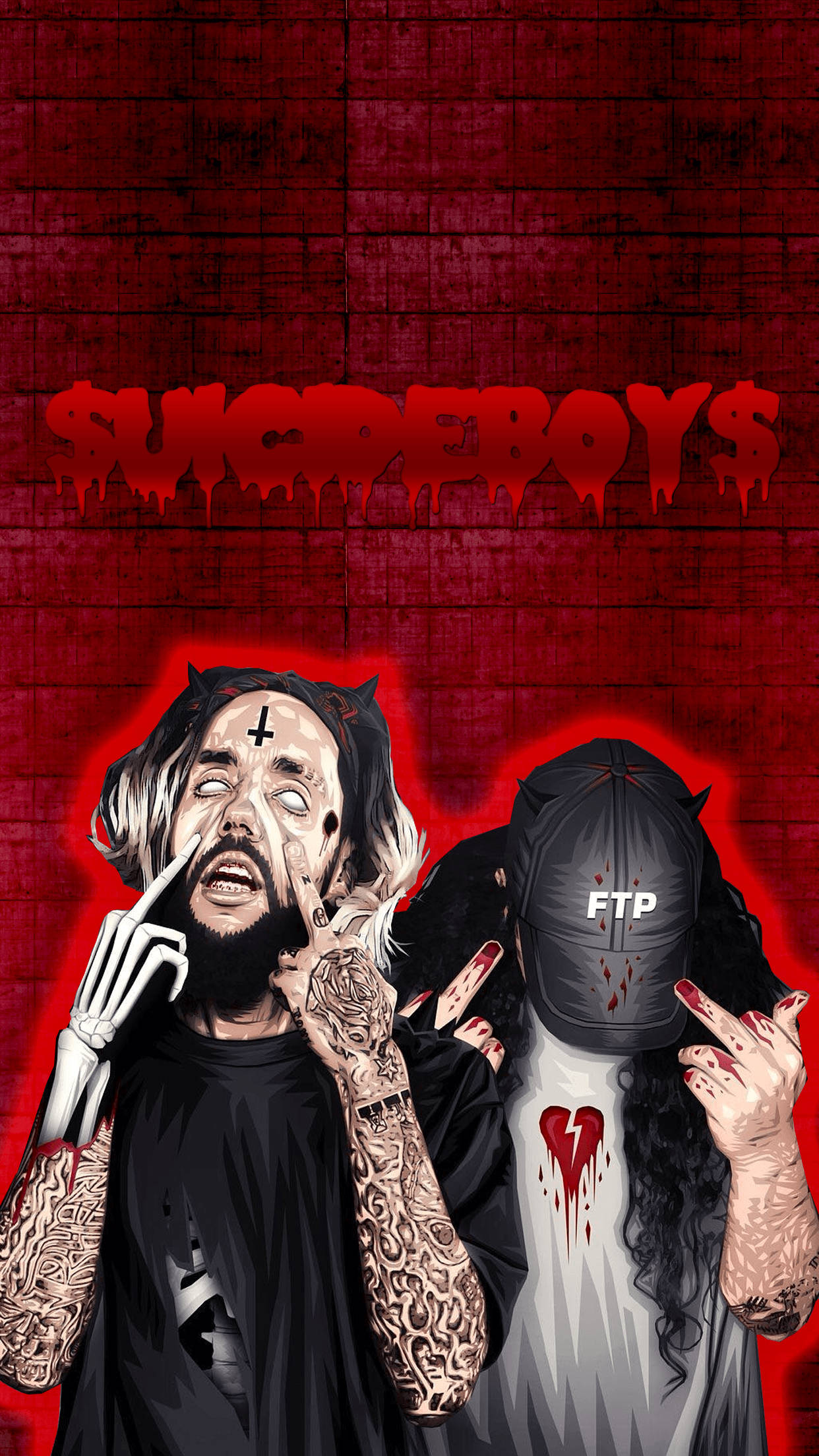 suicideboys 桌布 壁紙 — 兩個有刺青的人物，帶有惡魔角和血跡效果，在帶有'SUICIDEBOYS'塗鴉的紅磚牆前擺姿勢。