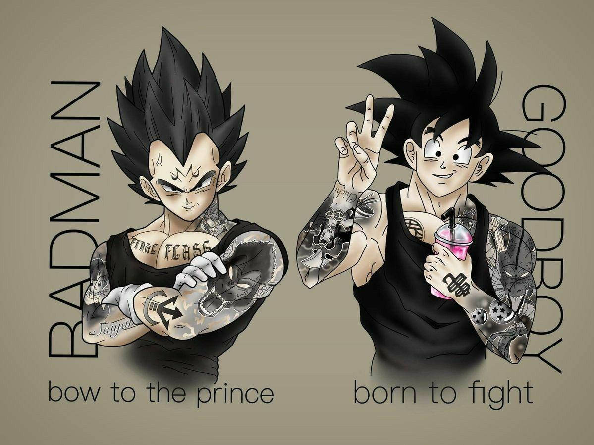 Gangster Cartoon 桌布 壁紙 — 兩個有刺青的動漫角色，對比為「Badman」和「Goodboy」，配有粗體文字和飲料。