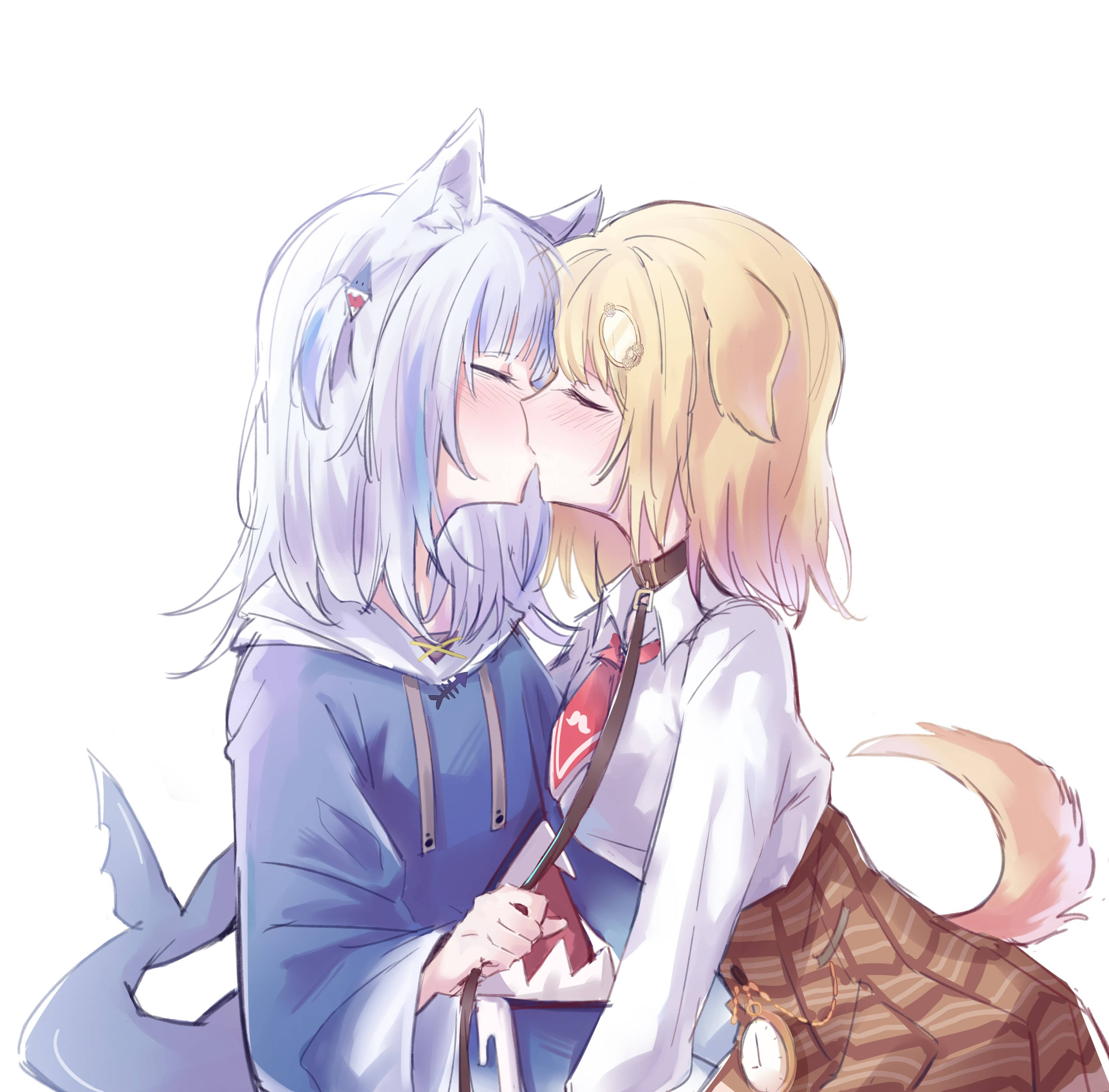 Kissing 桌布 壁紙 — 兩個有動物耳朵和尾巴的動漫女孩在純白背景上溫柔接吻。