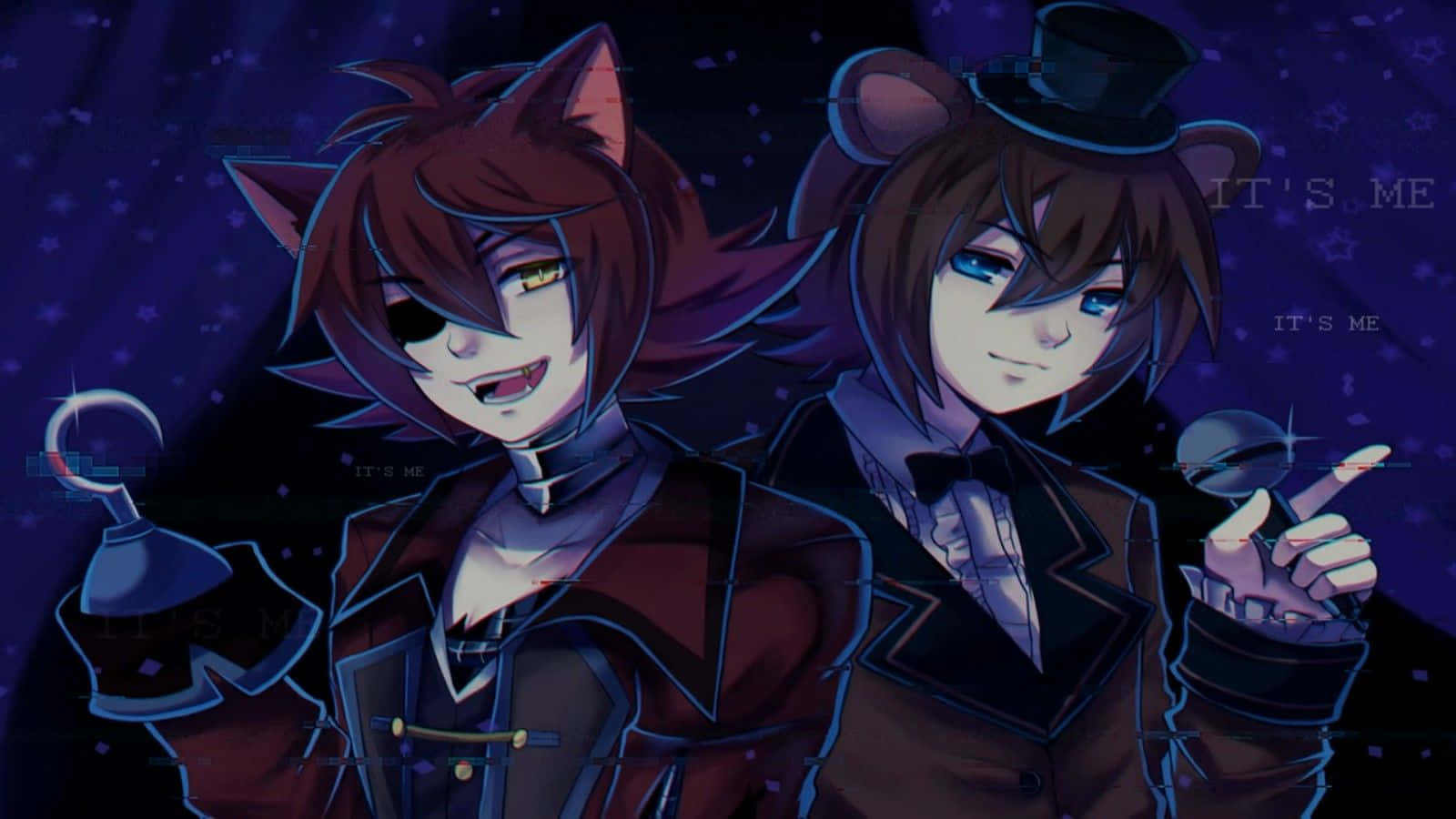 Foxy 桌布 壁紙 — 兩個有動物耳朵和高帽的動漫角色在星光燦爛的紫色夜空下自信地擺姿勢。