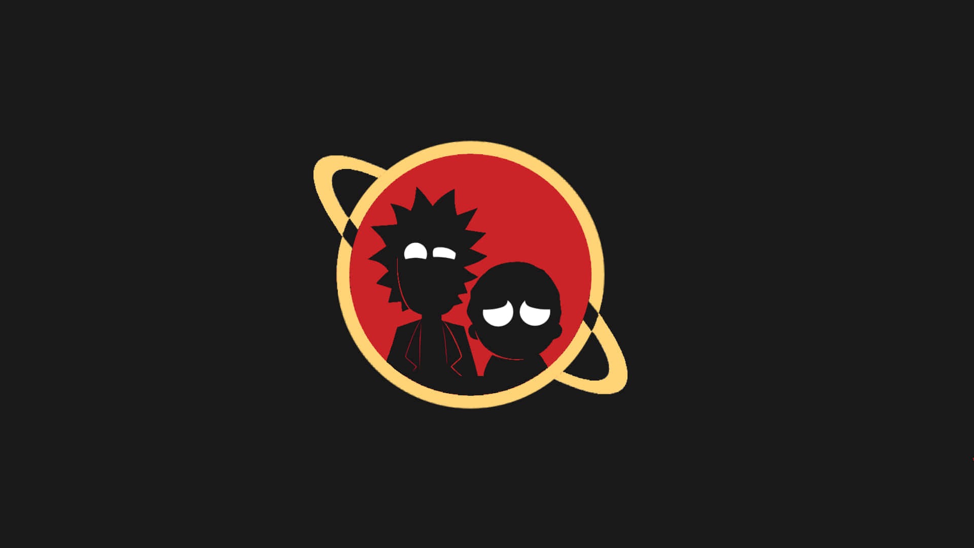 Rick And Morty 1920x1080 桌布 壁紙 — 兩個有尖刺頭髮和空洞眼睛的卡通人物坐在一個有金色環的紅色行星內，背景為黑色。