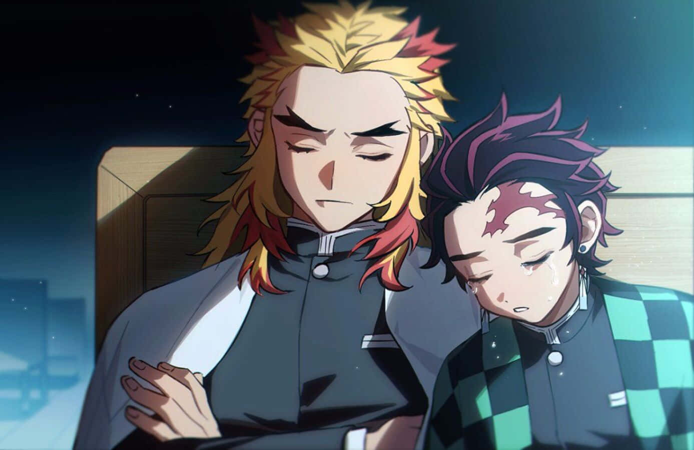Rengoku And Tanjiro 桌布 壁紙 — 兩個有尖刺頭髮的動漫角色在昏暗的房間裡緊靠著休息，其中一個臉上掛著淚水，另一個在安慰他們。
