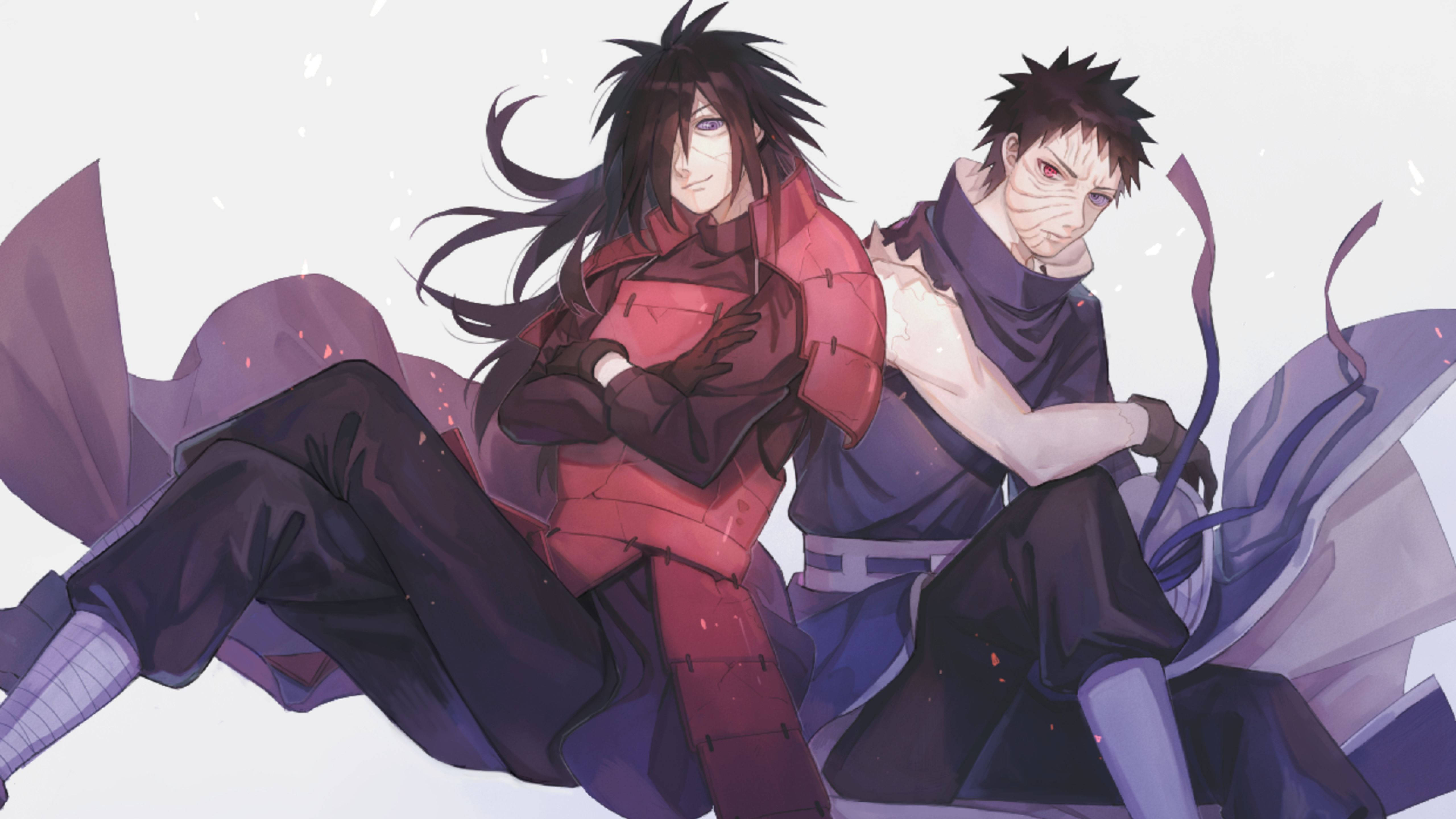 Uchiha 桌布 壁紙 — 兩個有尖刺頭髮的動漫角色自信地以動態姿勢坐在帶有紫色點綴的柔和白色背景前。
