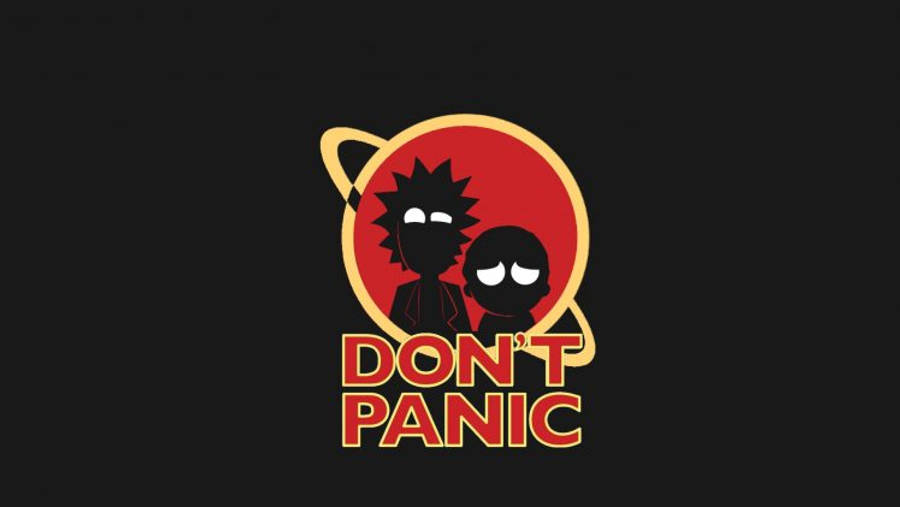 Panic 桌布 壁紙 — 兩個有尖刺頭髮的卡通人物站在一個帶有光環的紅色行星內，下方是黑色背景上的粗體紅色文字「DON'T PANIC」。