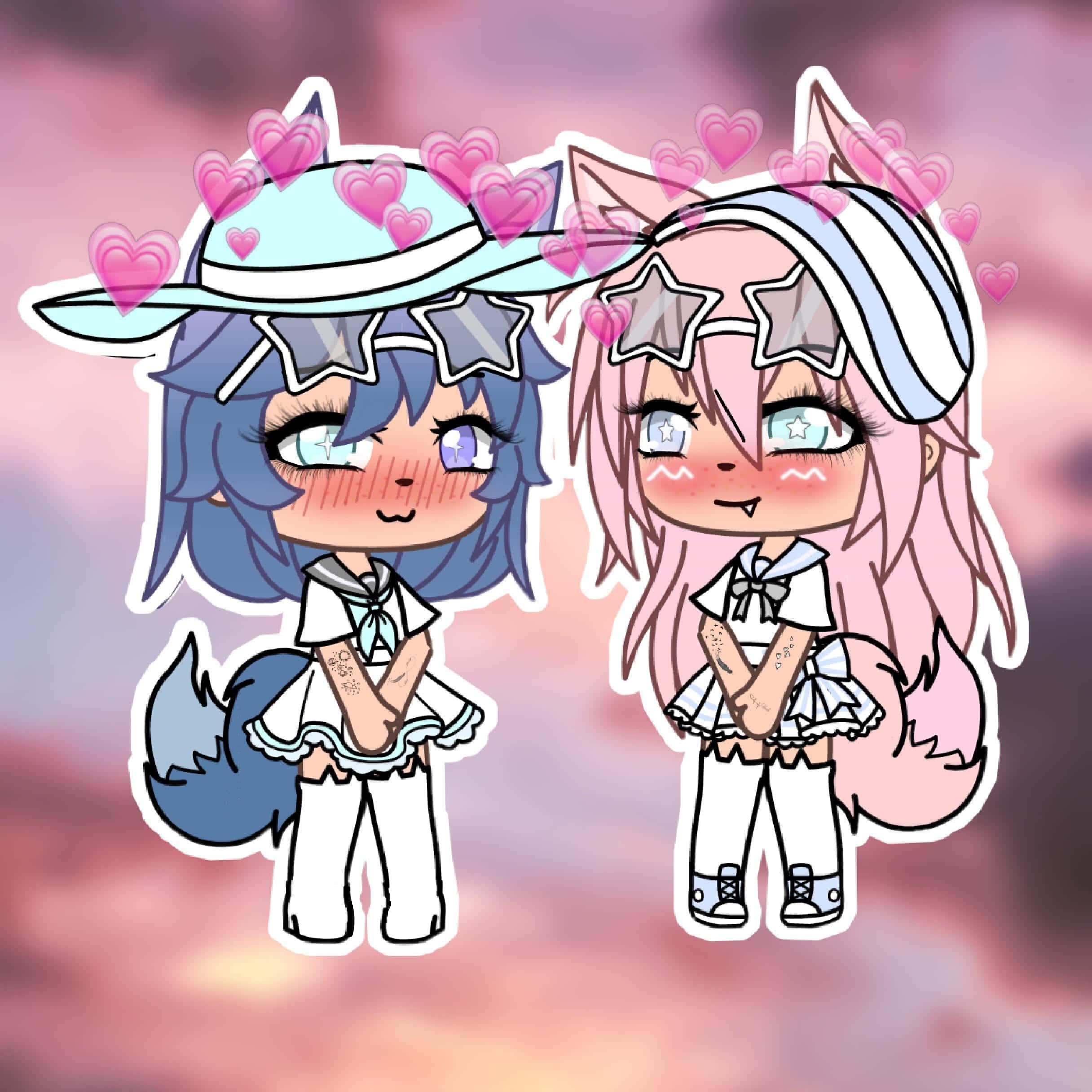 Gacha Life Cute 桌布 壁紙 — 兩個有狐狸耳朵和心形的Q版動漫女孩在粉紅色天空下漂浮在她們周圍。