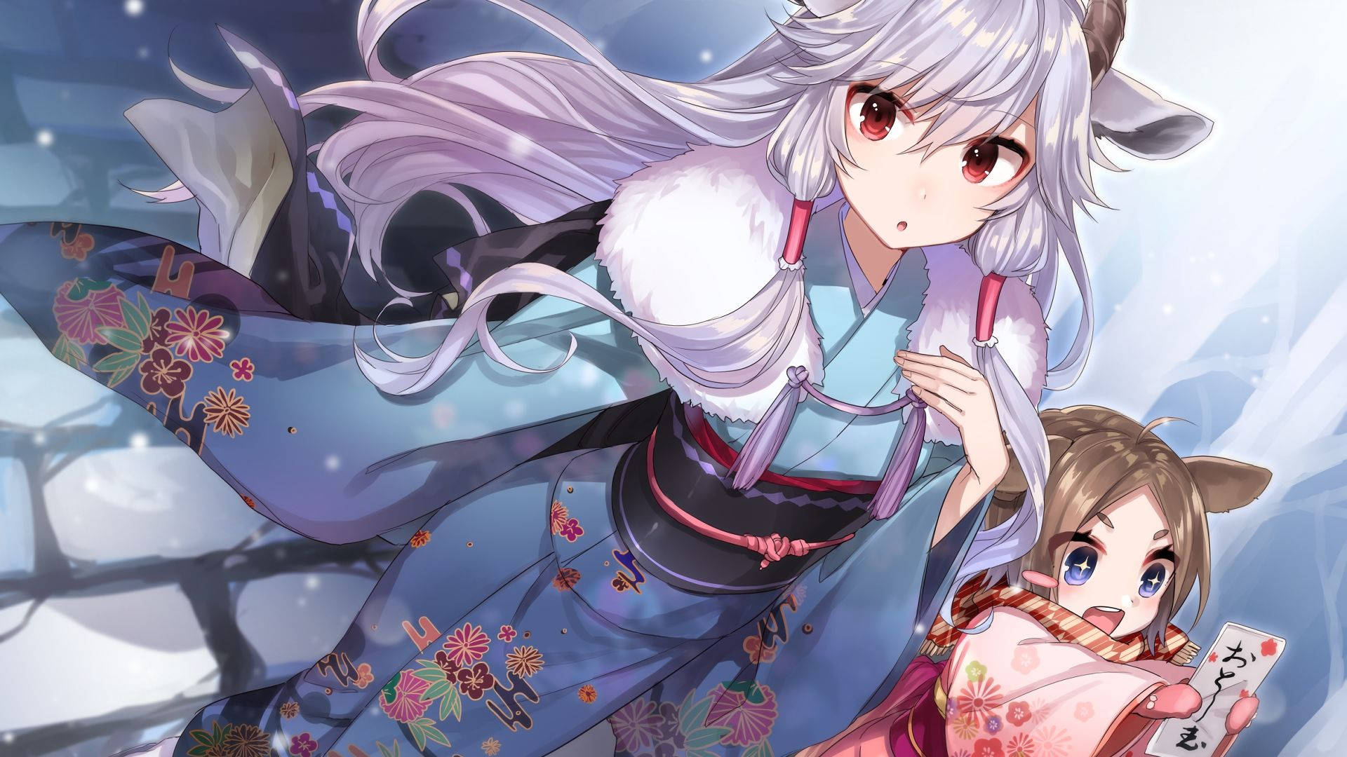 White Anime 桌布 壁紙 — 兩個有狐狸耳朵的動漫女孩穿著傳統日本服裝，在柔和的藍天下飄浮在飄落的雪花中。