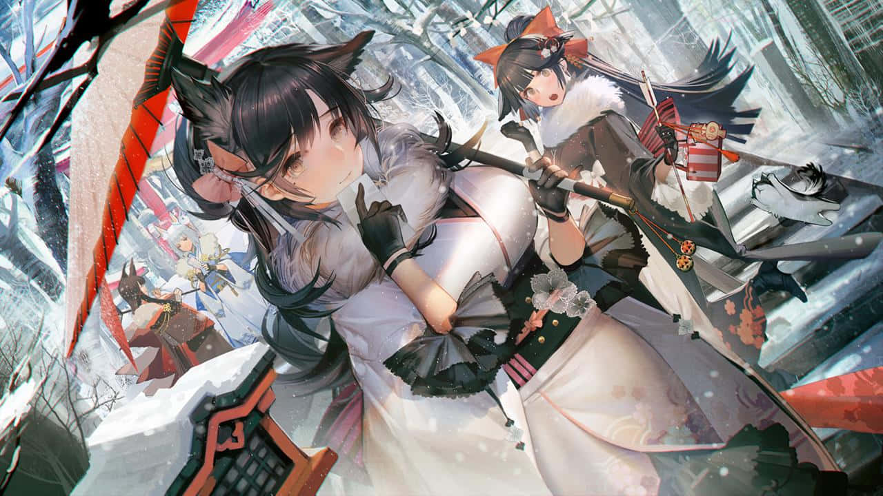 碧藍航線 桌布 壁紙 — 兩個有狐狸耳朵的動漫女孩穿著雪地冬季服裝，站在飄雪和傳統日本建築中。