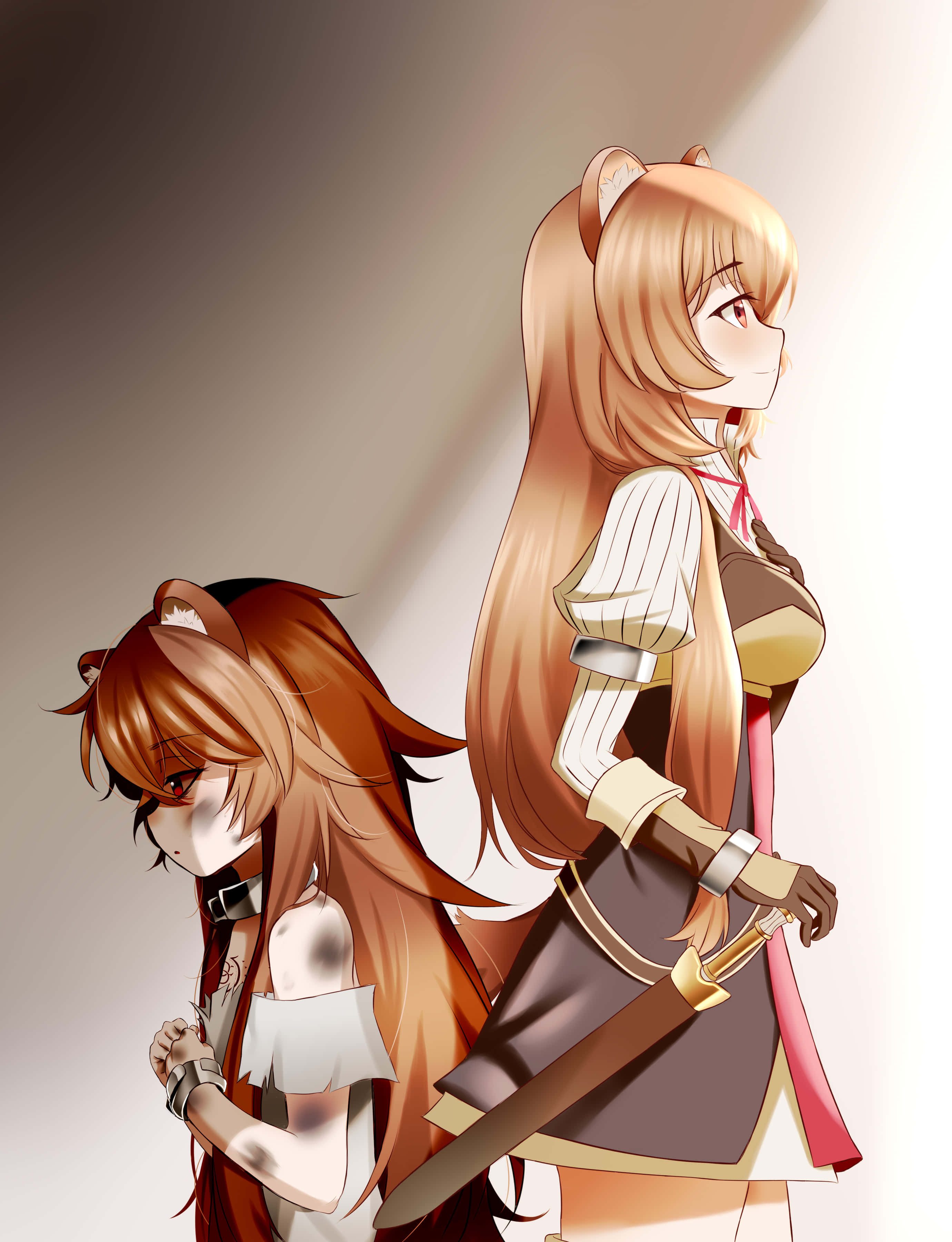 Raphtalia 桌布 壁紙 — 兩個有狐狸耳朵的動漫女孩站在柔和光線的背光下，一個拿著劍，另一個低頭看著。