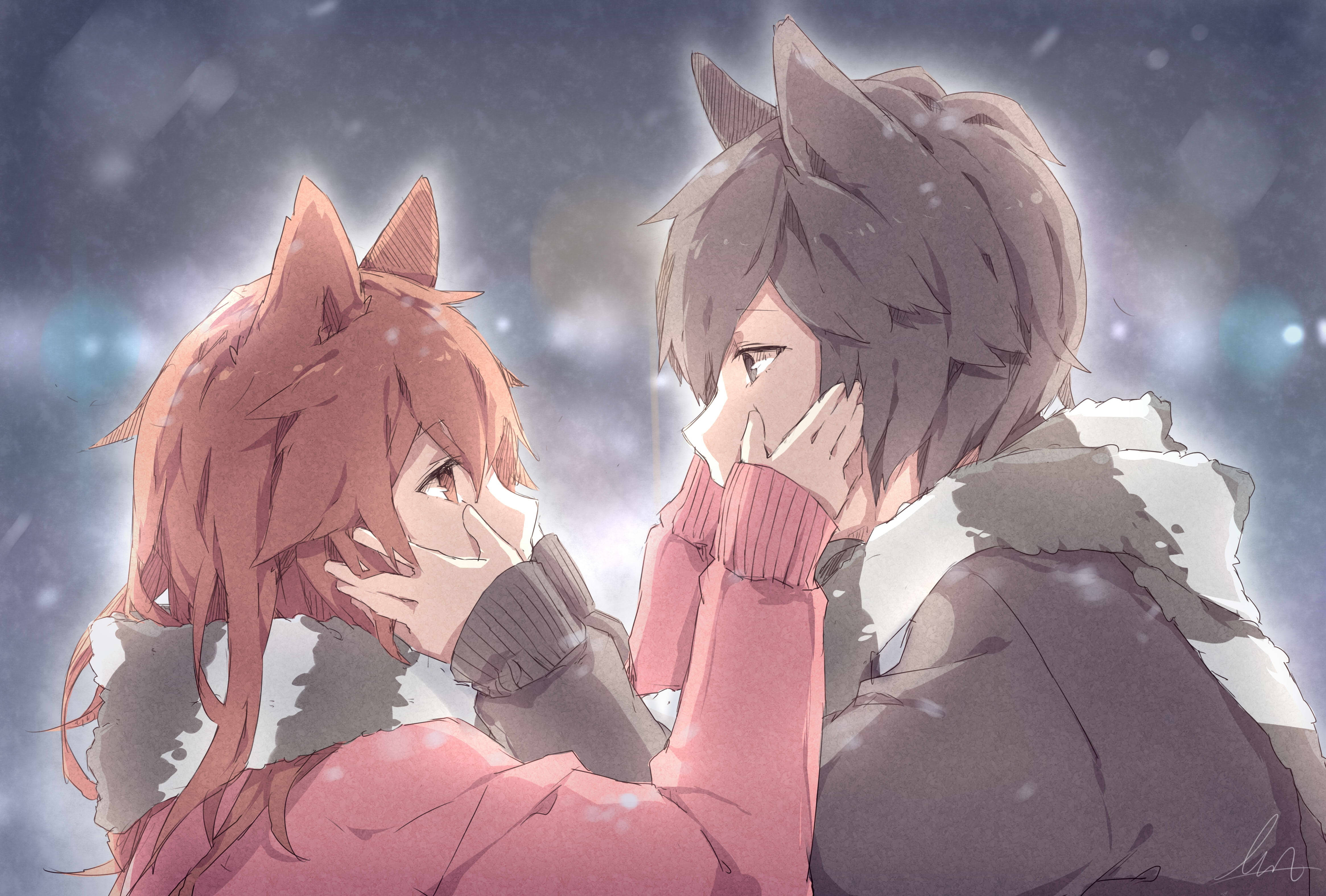 Cute Girl 桌布 壁紙 — 兩個有狐狸耳朵的動漫角色在雪夜場景中，在柔和發光的燈光下溫暖地擁抱。