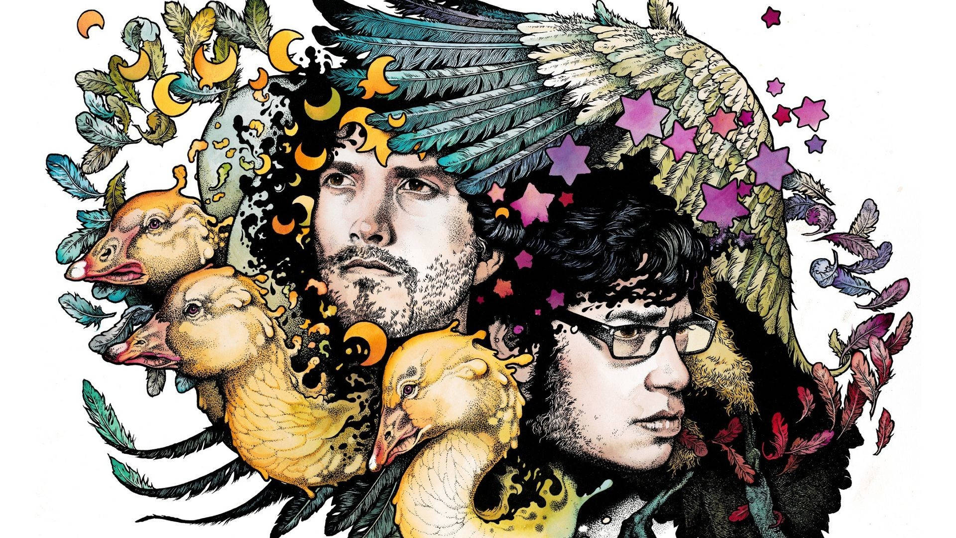 Flight Of The Conchords 桌布 壁紙 — 兩個有翅膀的男人和超現實的鳥在星星和新月之間旋轉，形成一幅充滿活力的插圖肖像。