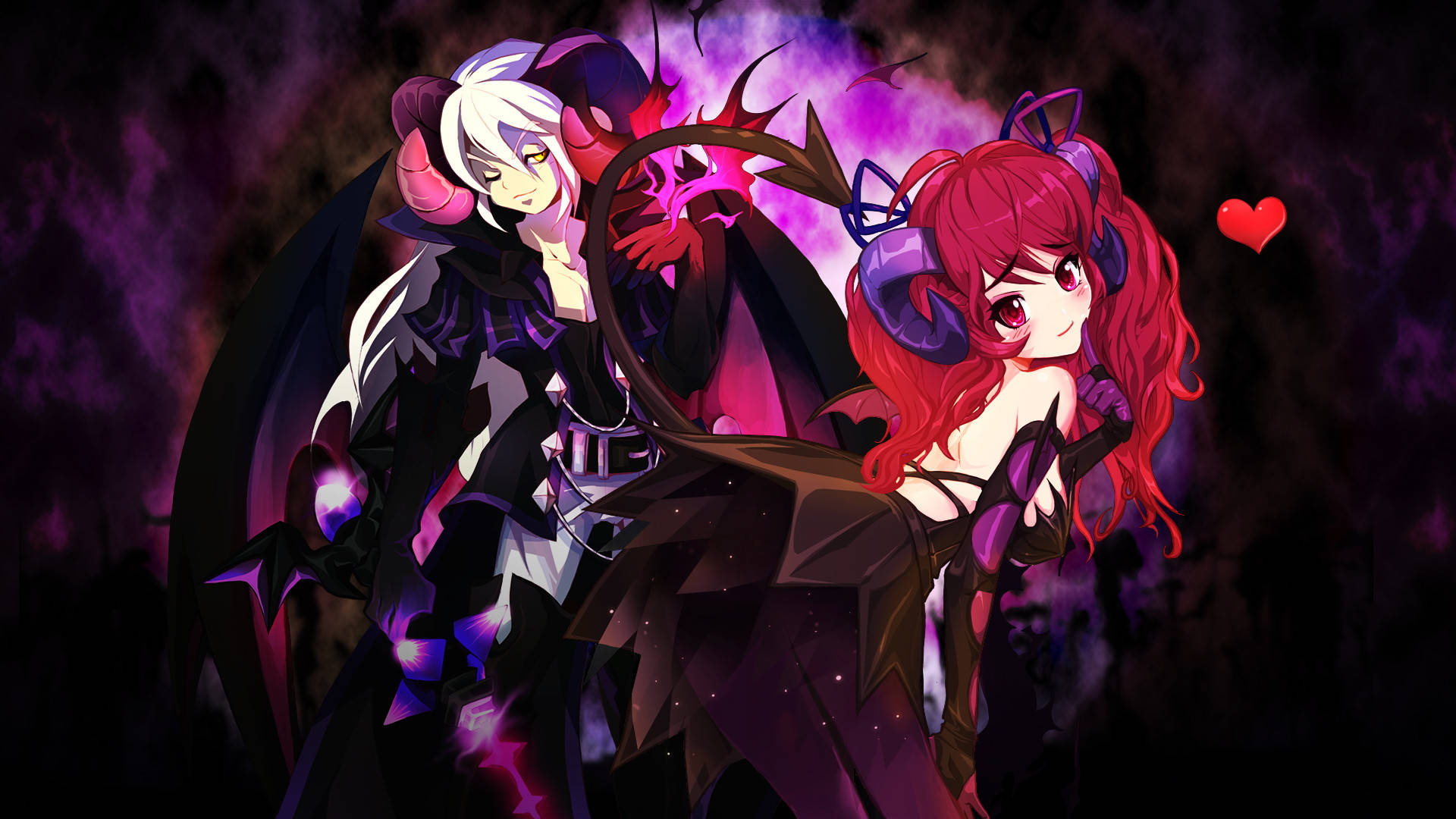Succubus 桌布 壁紙 — 兩個有翼和角的動漫風格惡魔角色站在一個帶有漂浮心形的深紫色煙霧背景前。