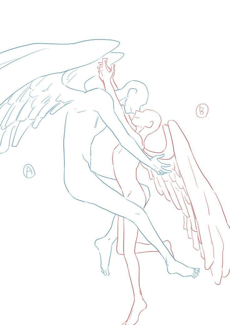 Hugging 桌布 壁紙 — 兩個有翼的人物在白色背景上以藍色和紅色輪廓溫柔擁抱的素描。