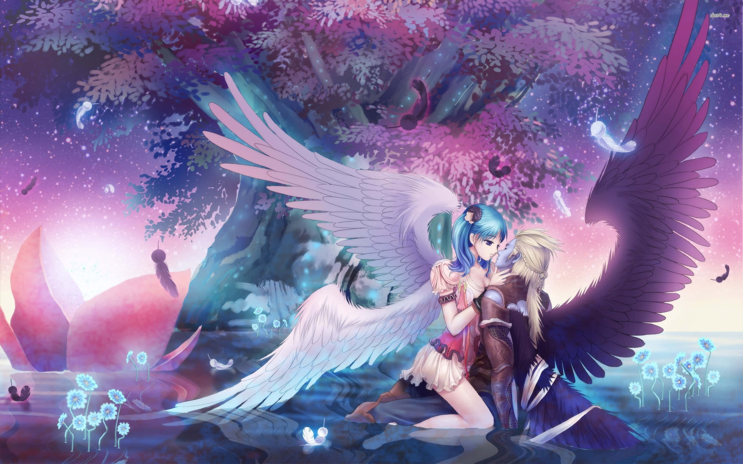 angels 桌布 壁紙 — 兩個有翼的動漫角色在黃昏時分，在發光的櫻花樹下擁抱，周圍有漂浮的花朵和星星。