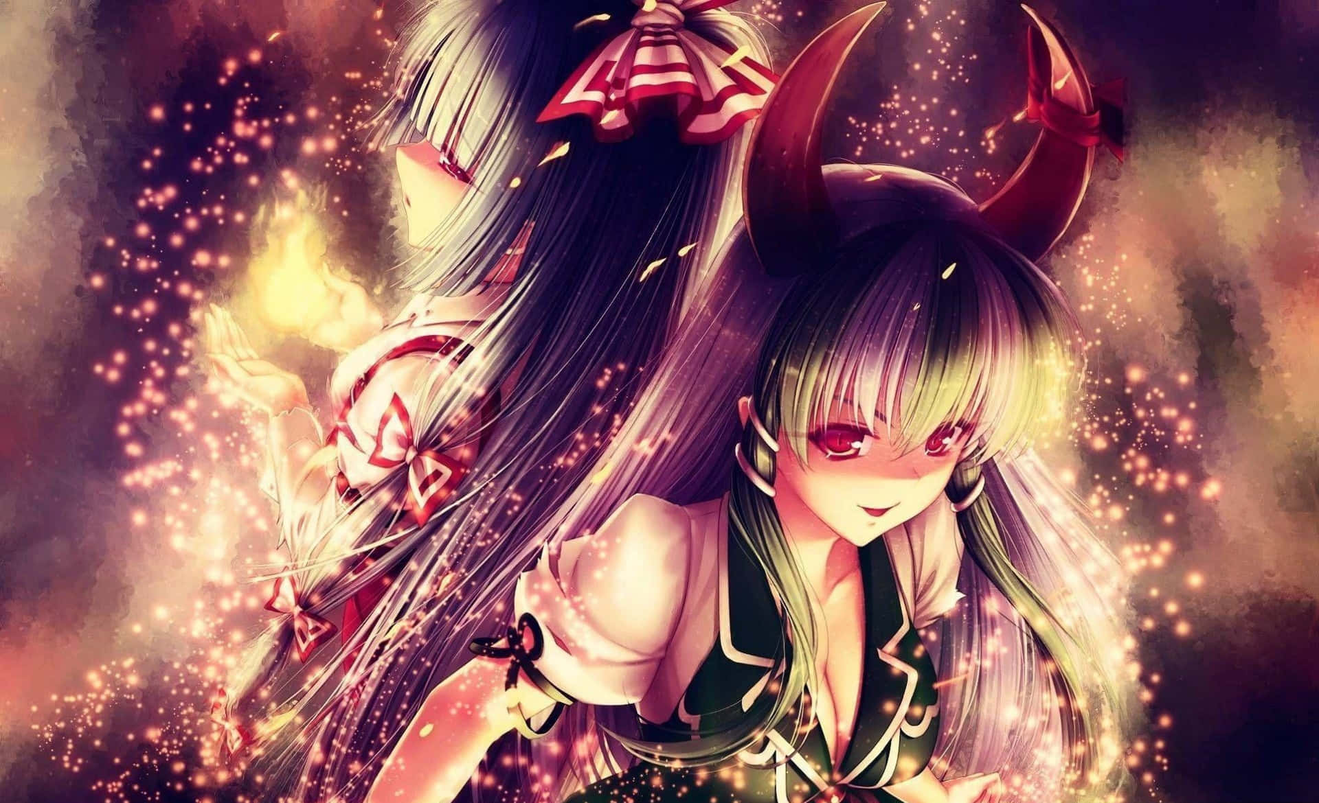 動漫惡魔 桌布 壁紙 — 兩個有角和蝴蝶結的動漫女孩在溫暖神秘的氛圍中閃爍著光芒，周圍是閃爍的粒子。