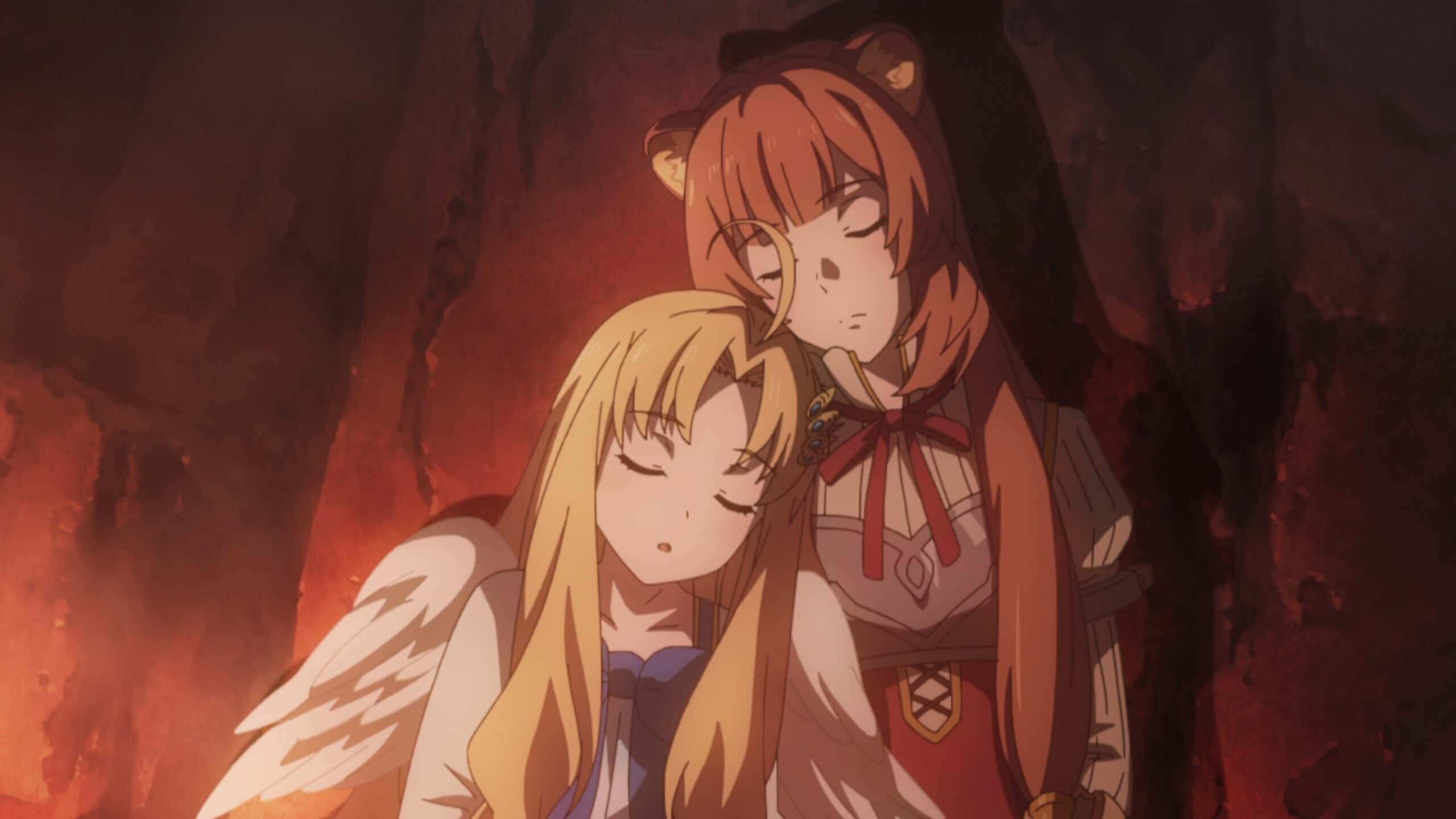 Shield Hero 桌布 壁紙 — 兩個有貓耳和天使翅膀的動漫女孩在熾熱的洞穴中平靜地休息，沐浴在溫暖的橙色光中。