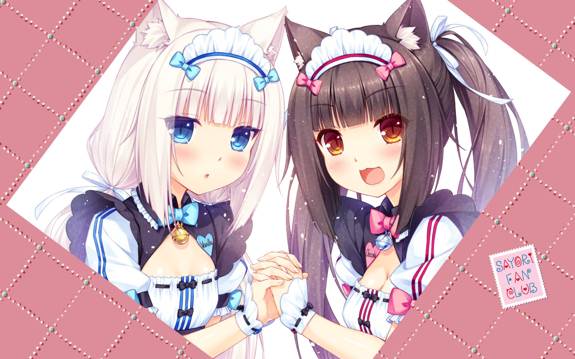 Nekopara 桌布 壁紙 — 兩個有貓耳和女僕裝的動漫女孩在粉紅色絎縫背景前牽手。