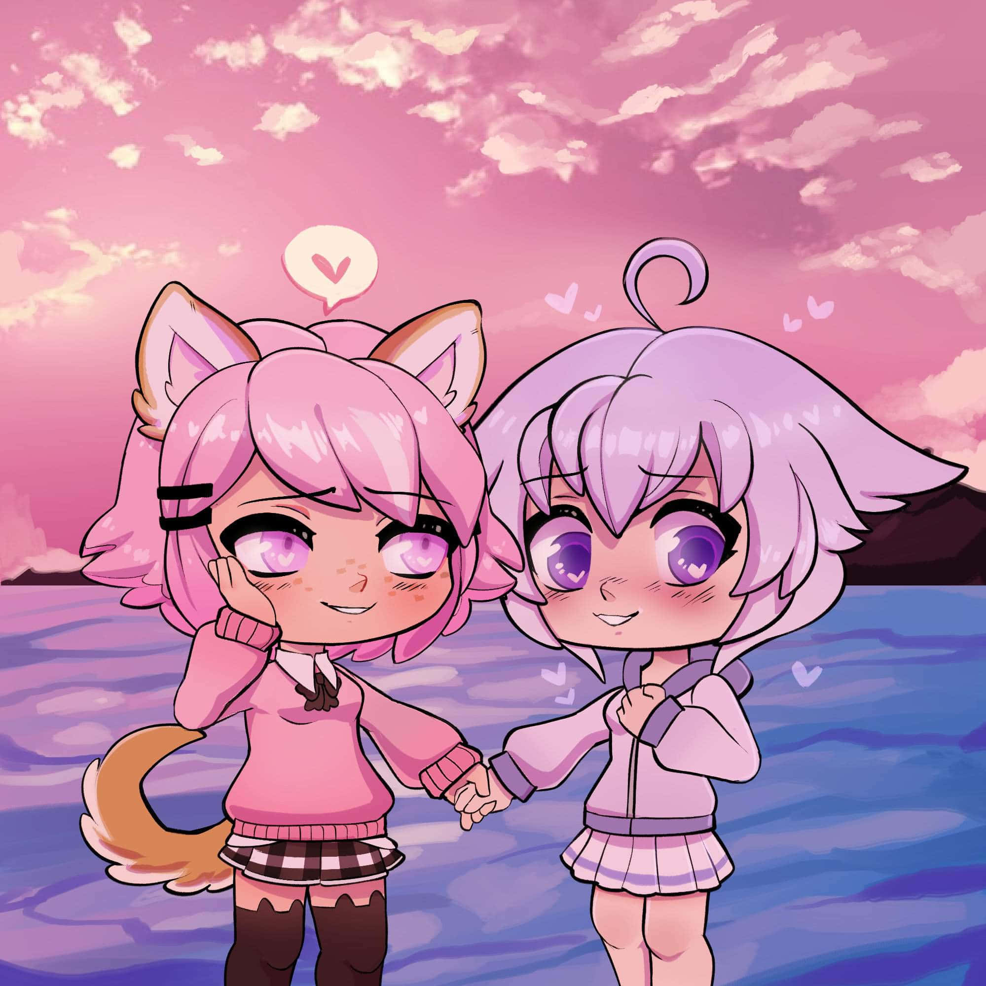 Gacha Life 桌布 壁紙 — 兩個有貓耳和尾巴的Q版動漫女孩在發光的粉紅色日落映照水面上牽手，周圍有漂浮的心形。