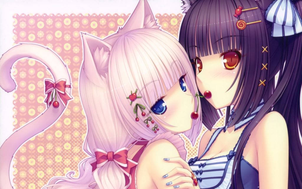 Nekopara 桌布 壁紙 — 兩個有貓耳和櫻桃裝飾的動漫女孩在花卉圖案背景前分享溫馨時刻。