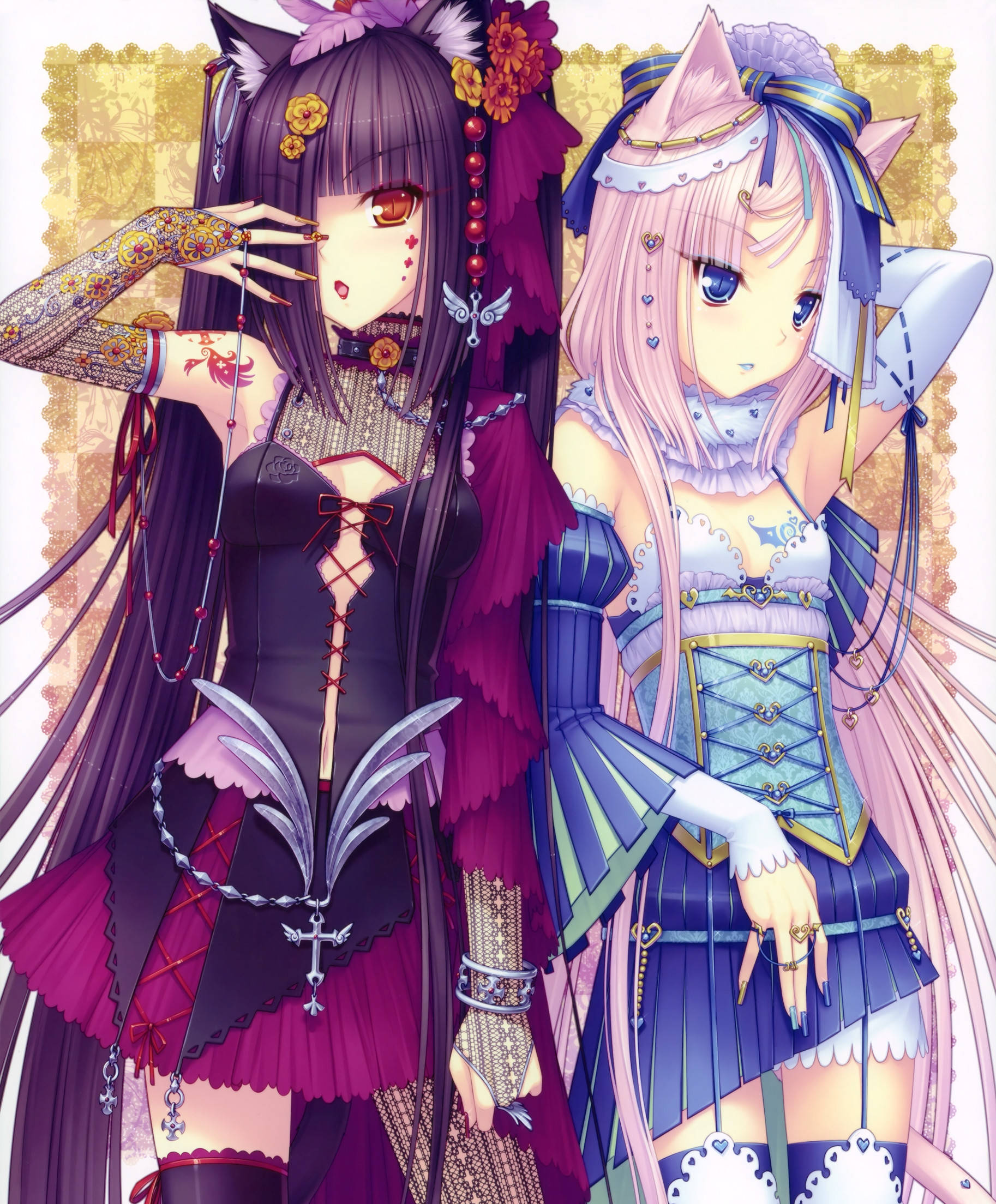 Nekopara 桌布 壁紙 — 兩個有貓耳和華麗裙子的動漫女孩在金色華麗背景前擺姿勢。
