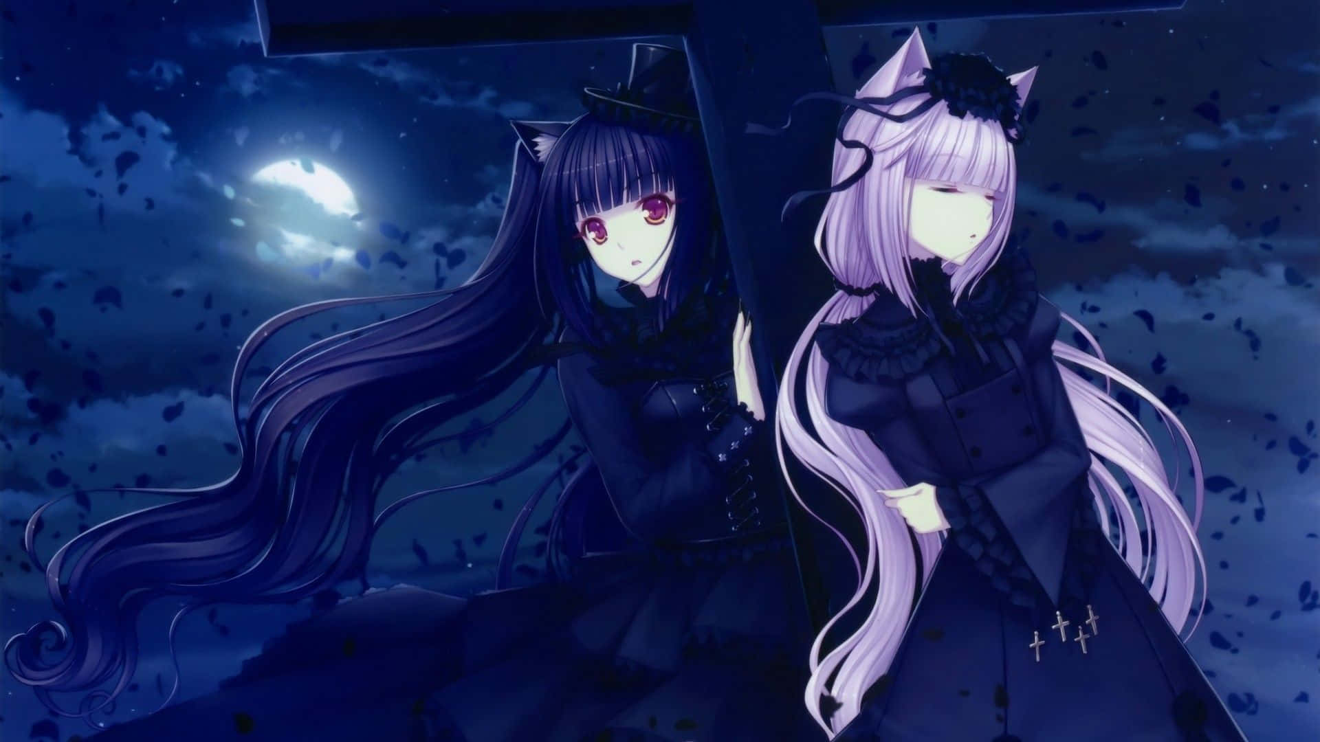 Gothic Anime 桌布 壁紙 — 兩個有貓耳和長髮的動漫女孩站在滿月下，深藍色的夜空中有飄落的花瓣。