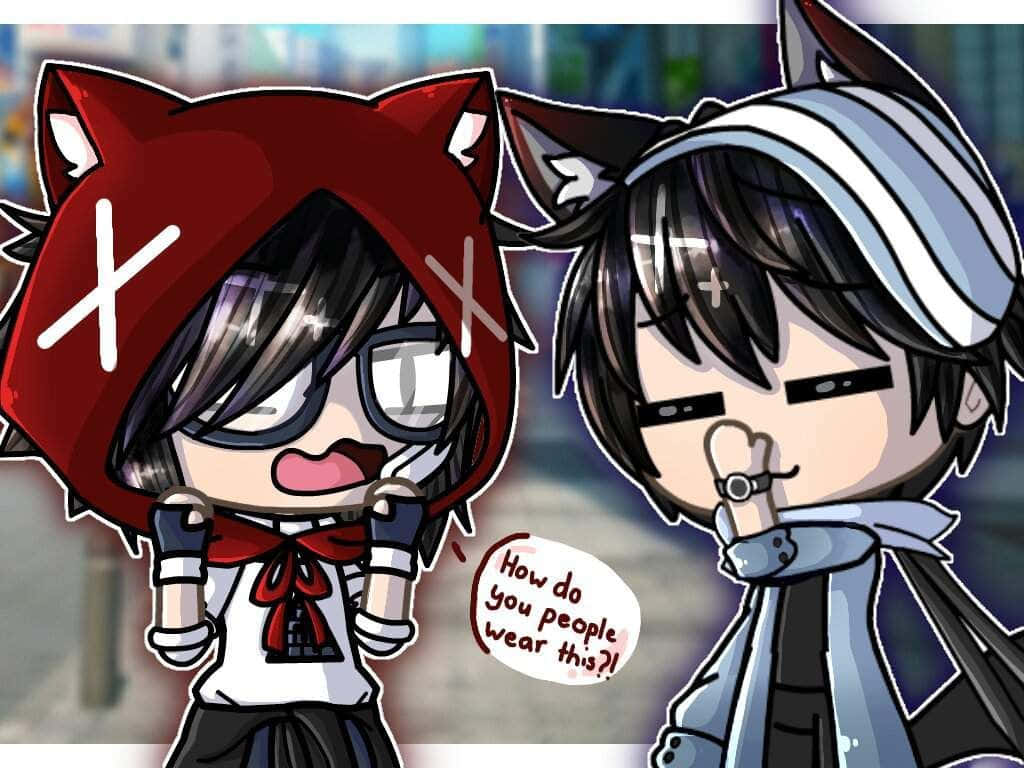 Gacha Life Funny 桌布 壁紙 — 兩個有貓耳的Q版動漫角色，一個穿紅色連帽衫嚇到，另一個穿藍色連帽衫將手指放在嘴唇邊奸笑。